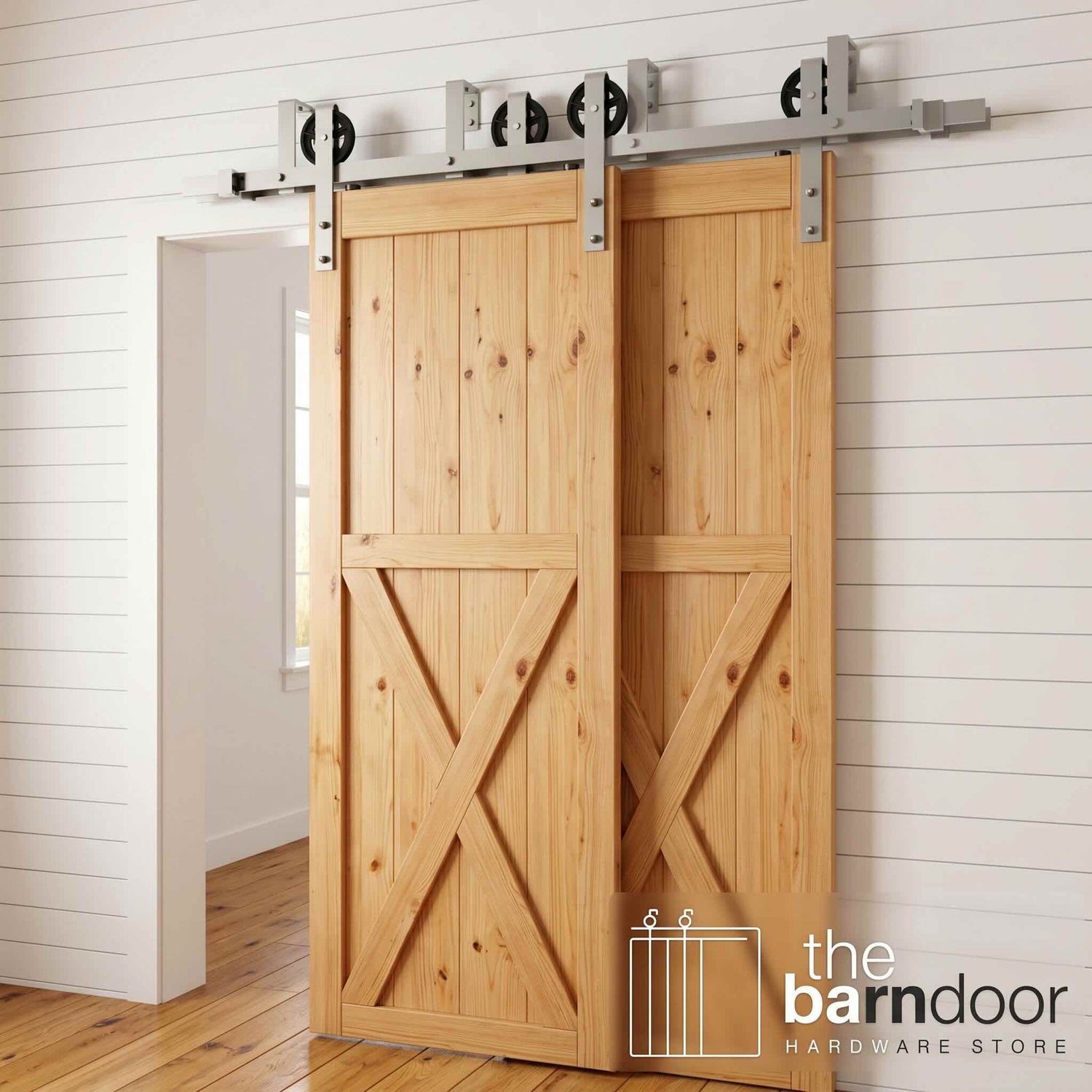 Spoke Wheel Brushed Nickel Double Track Bypass Barn Door Hardware Kit