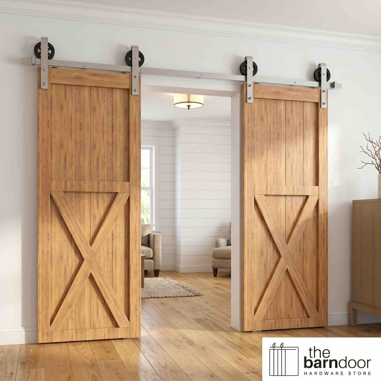 Spoke Wheel Brushed Nickel Barn Door Hardware Kit