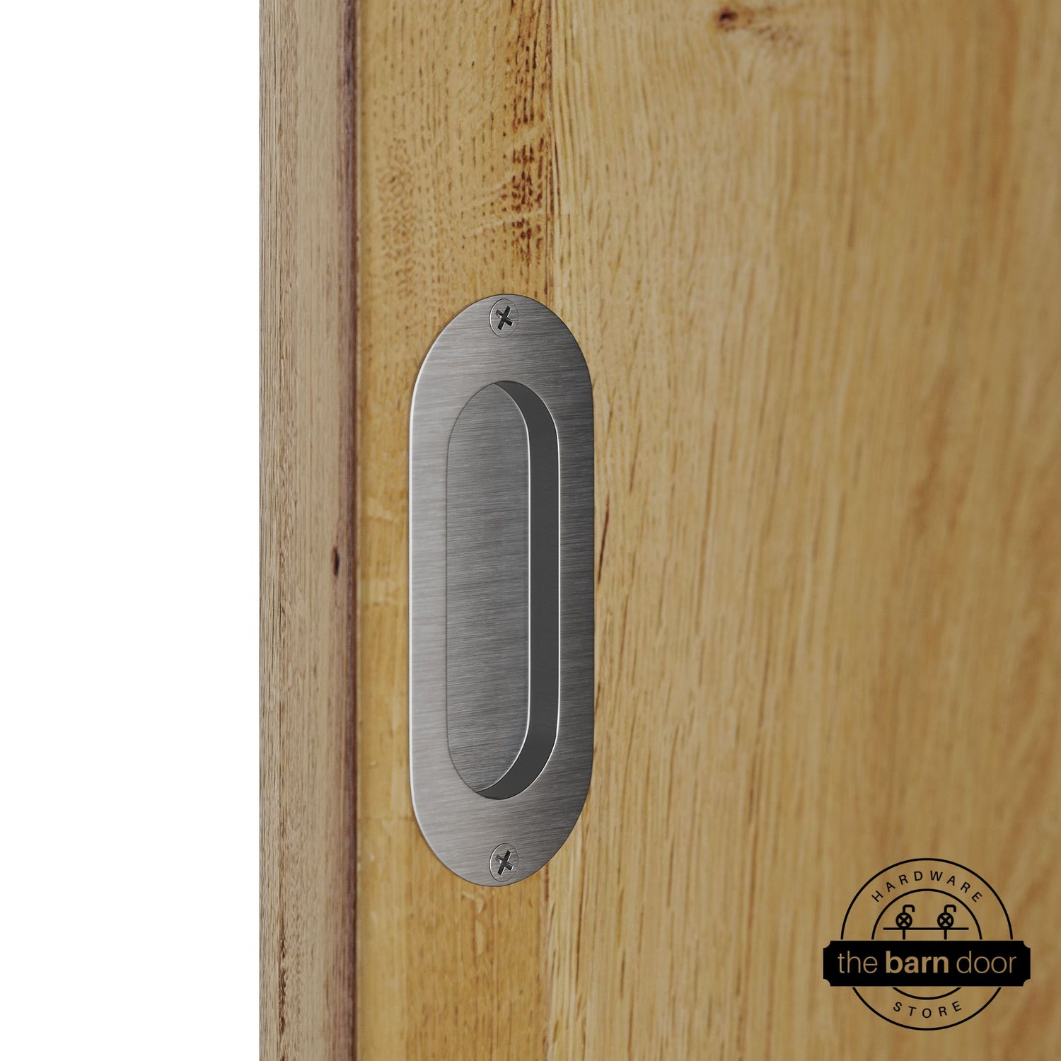 Stainless steel flush pull handle on a wooden door.