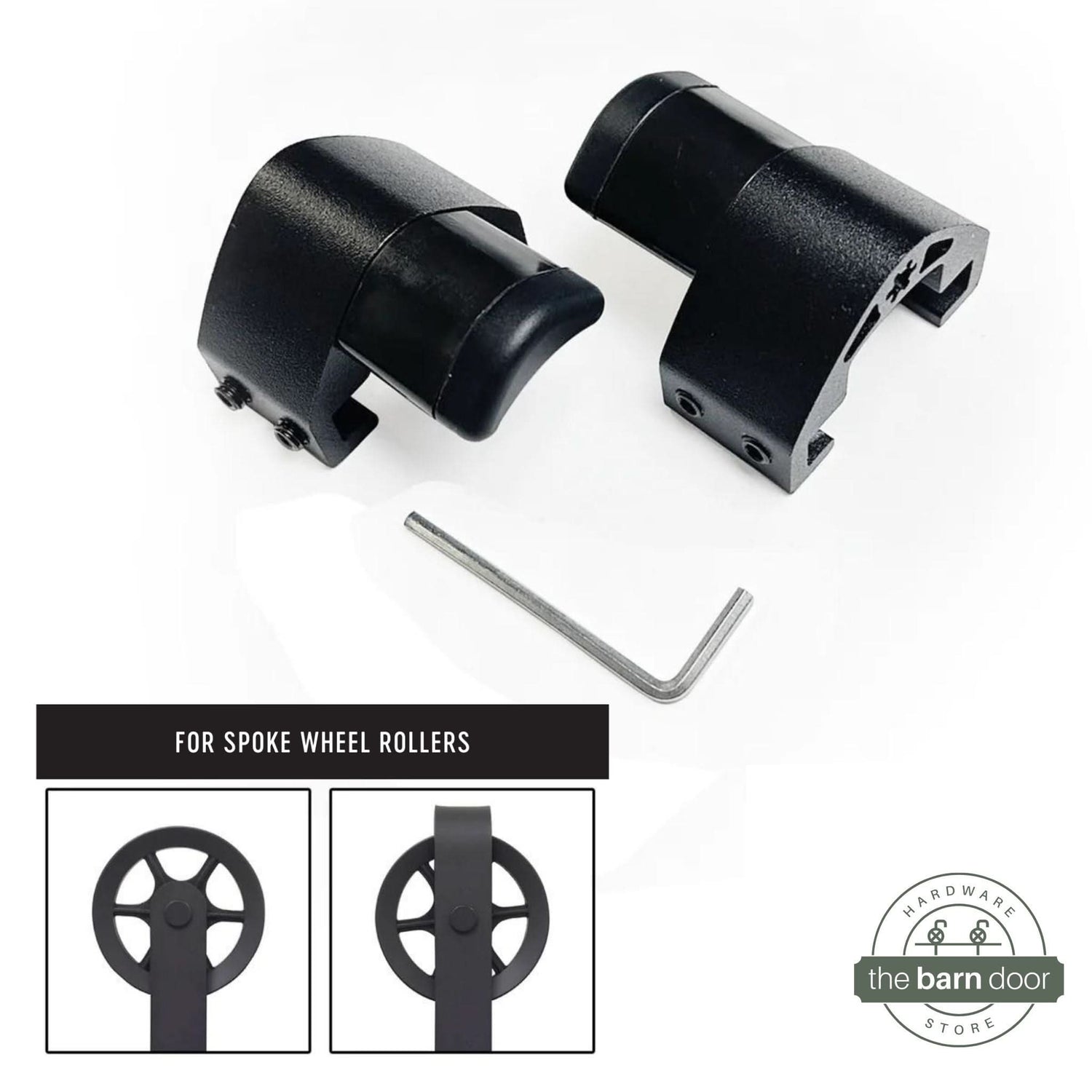 Adjustable barn door track stop set in matte black with two clamps and an allen wrench, for spoke-wheel rollers. By The Barn Door Hardware Store.