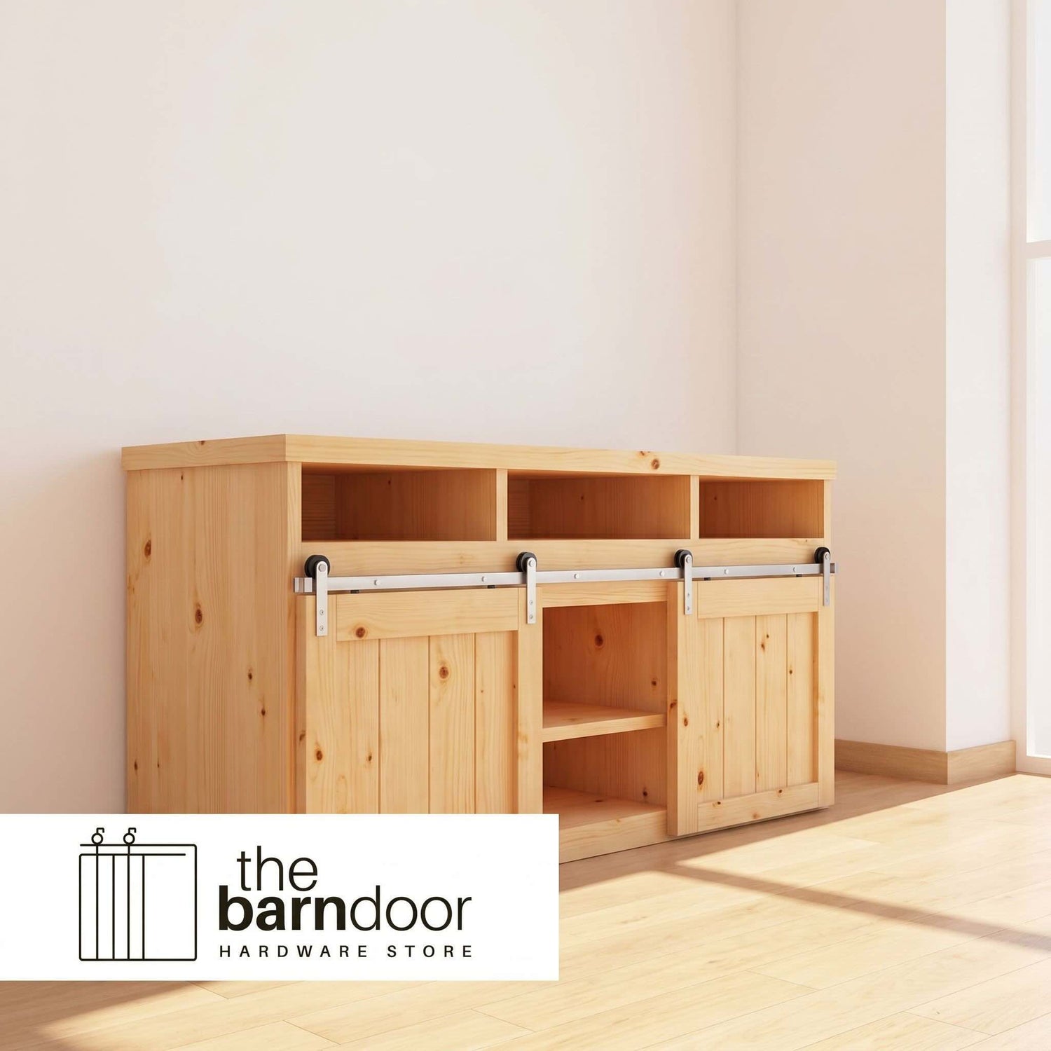 A Straight Strap cabinet barn door hardware kit in a brushed nickel finish, mounted on a small cabinet door.