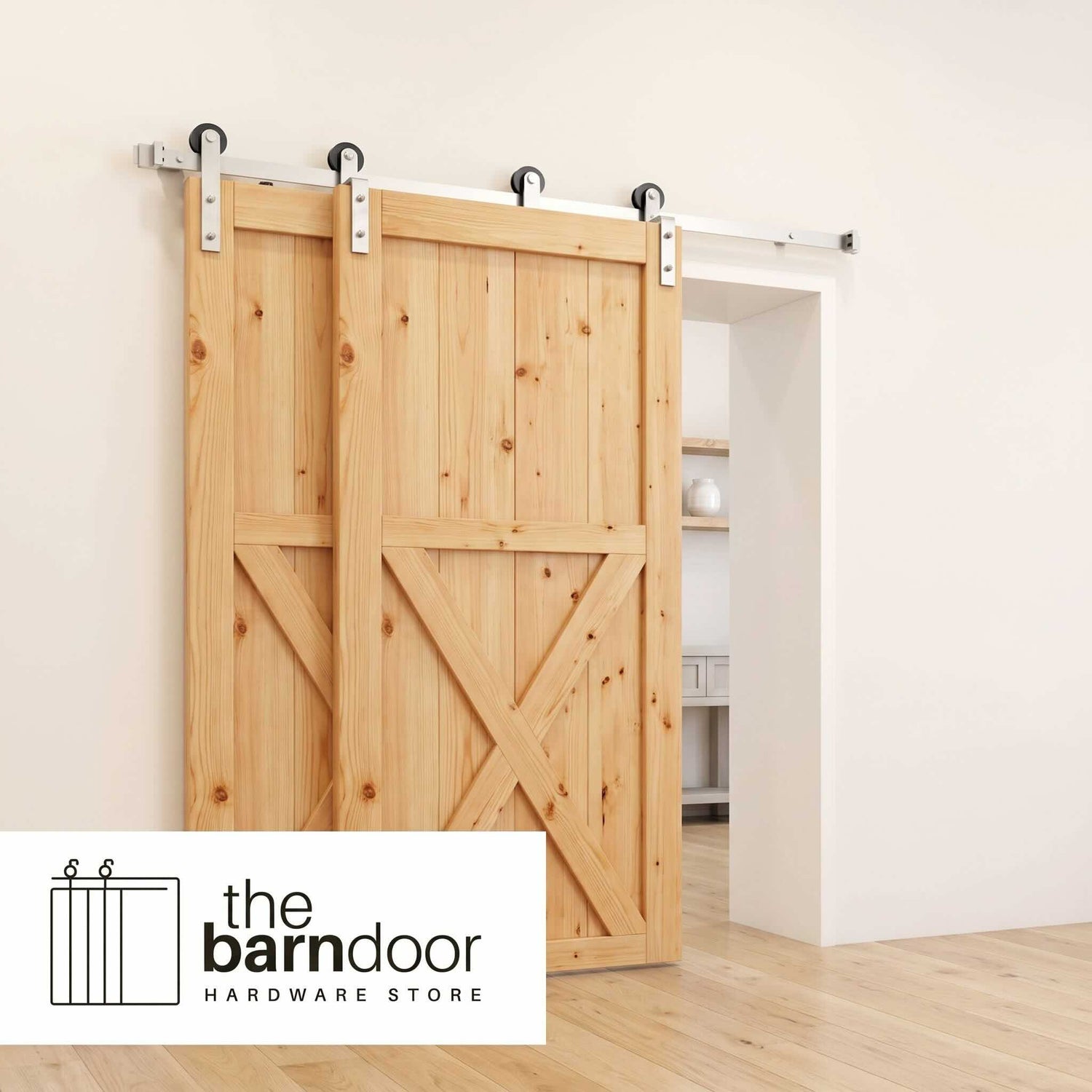 Straight Brushed Nickel Single Bypass Barn Door Hardware