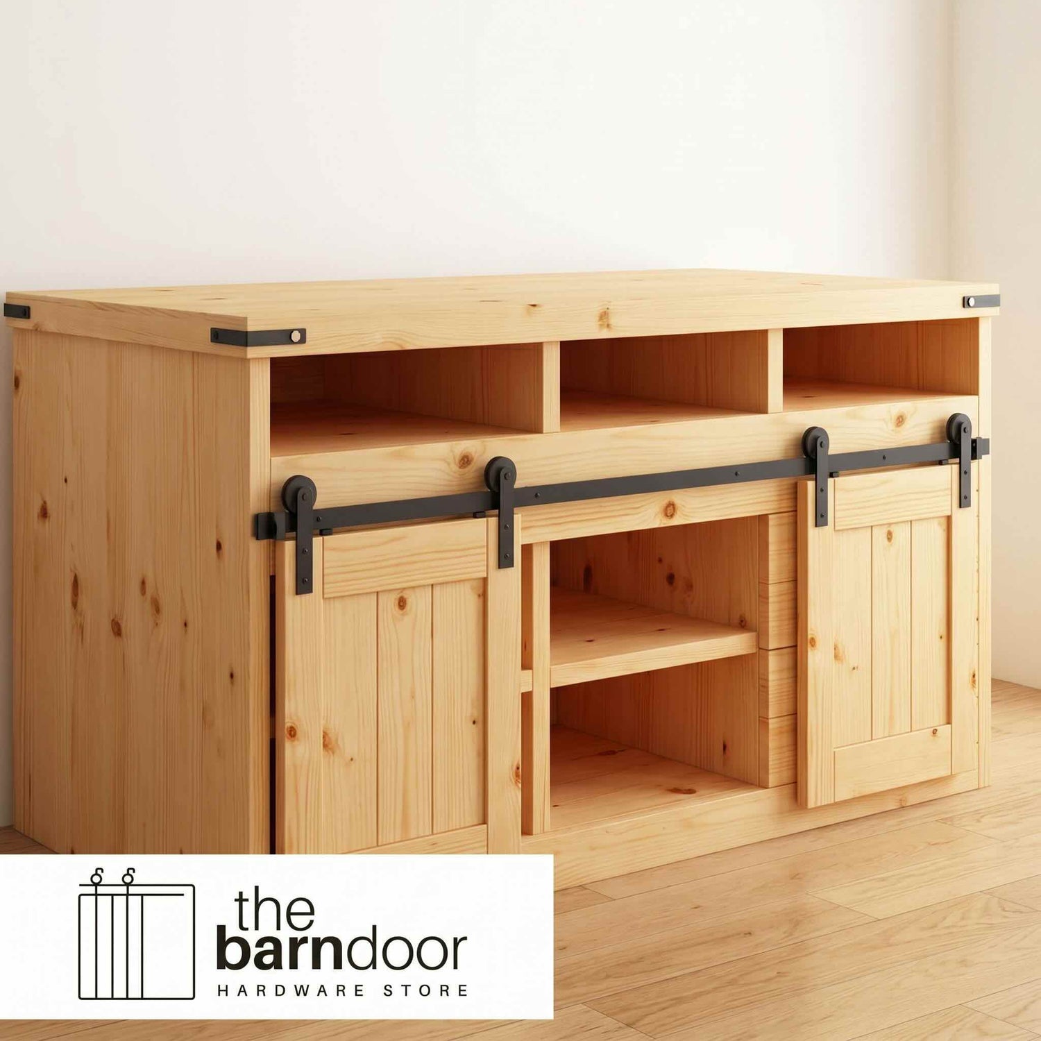 Straight Strap cabinet barn door hardware kit in a matte black finish, mounted on a small cabinet door.