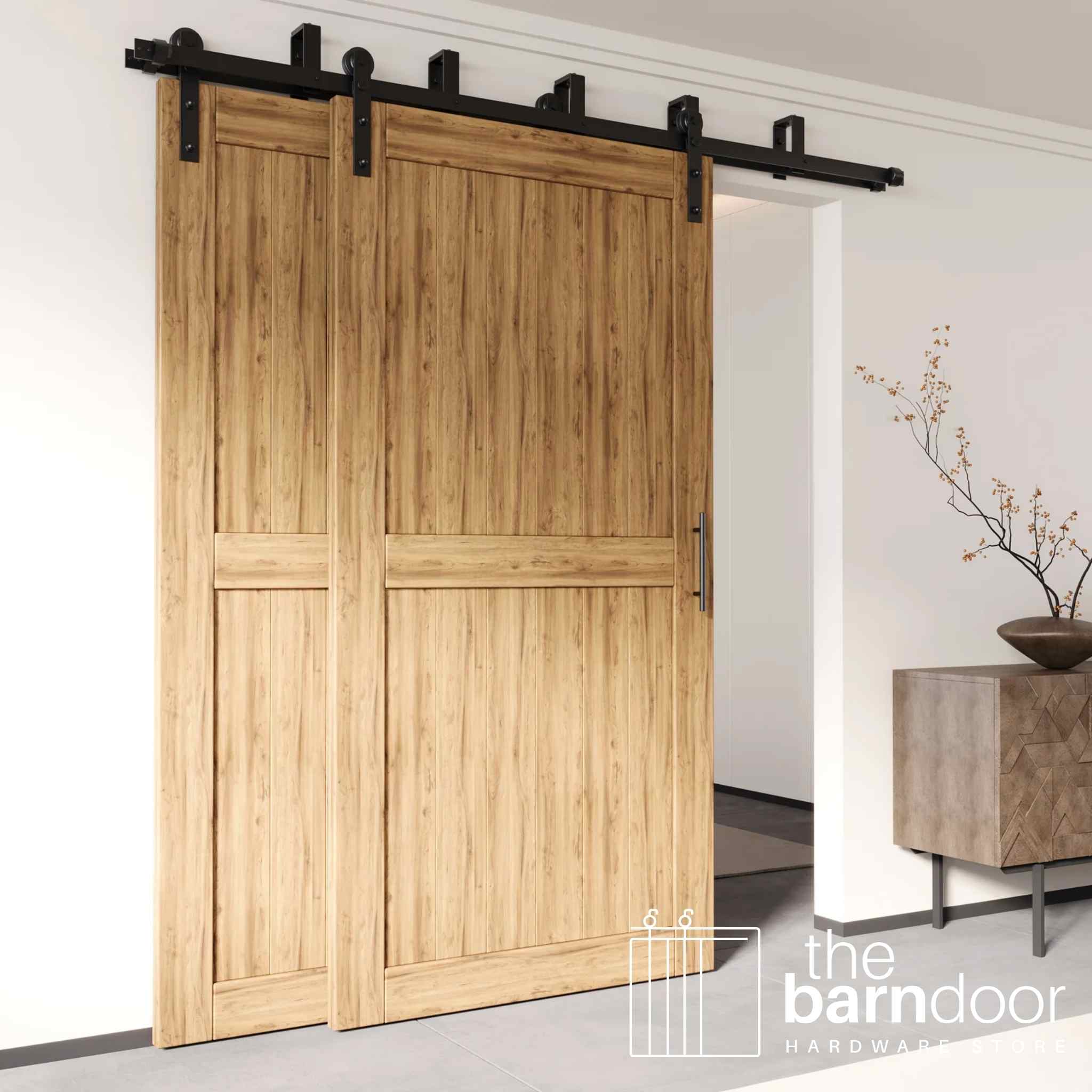 Straight Strap Black Double Track Bypass Barn Door Hardware Kit