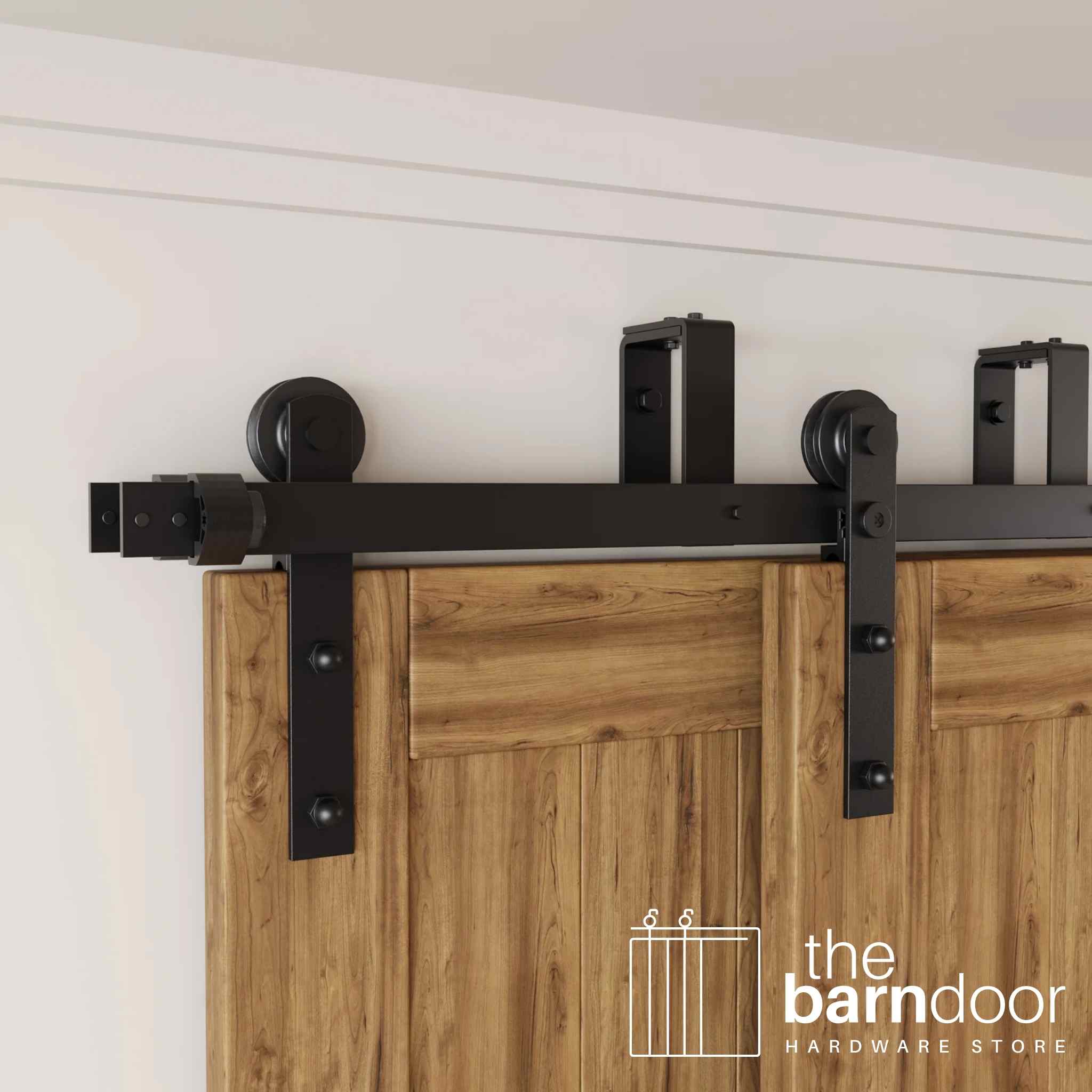 Straight Strap Black Double Track Bypass Barn Door Hardware Kit