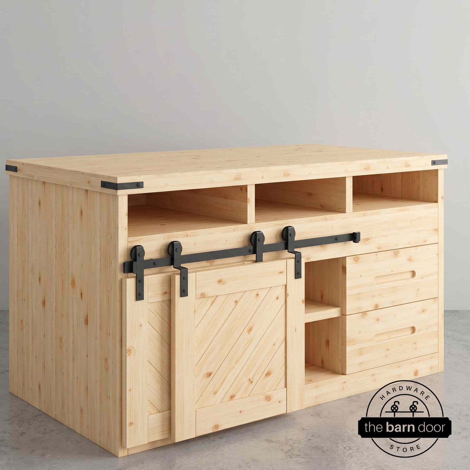 Matte black Straight Strap mini bypass cabinet barn door hardware kit on a single track, shown on a small two-door wooden cabinet.