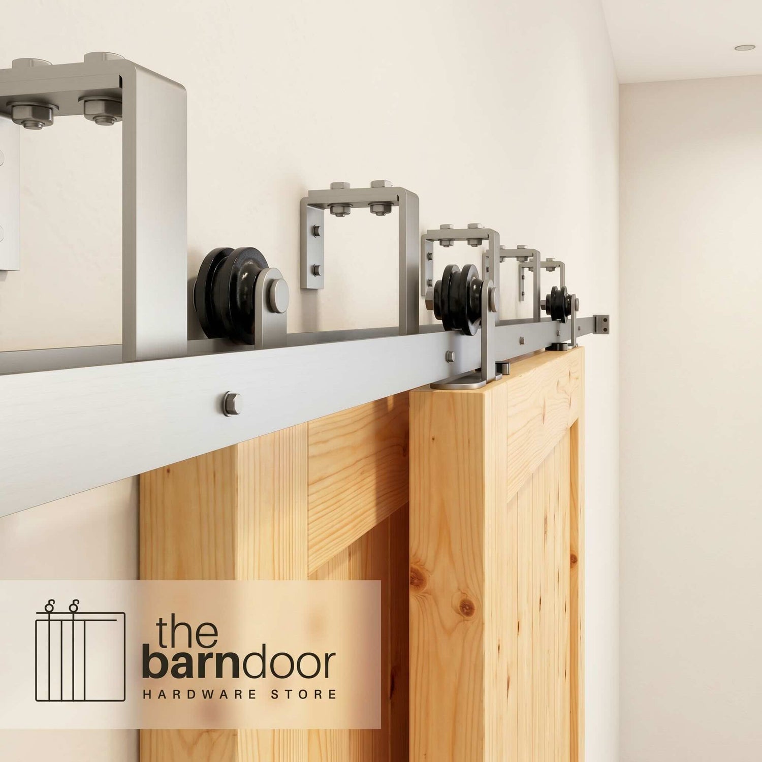 Straight Top Mount Brushed Nickel Double Track Bypass Barn Door Hardware Kit