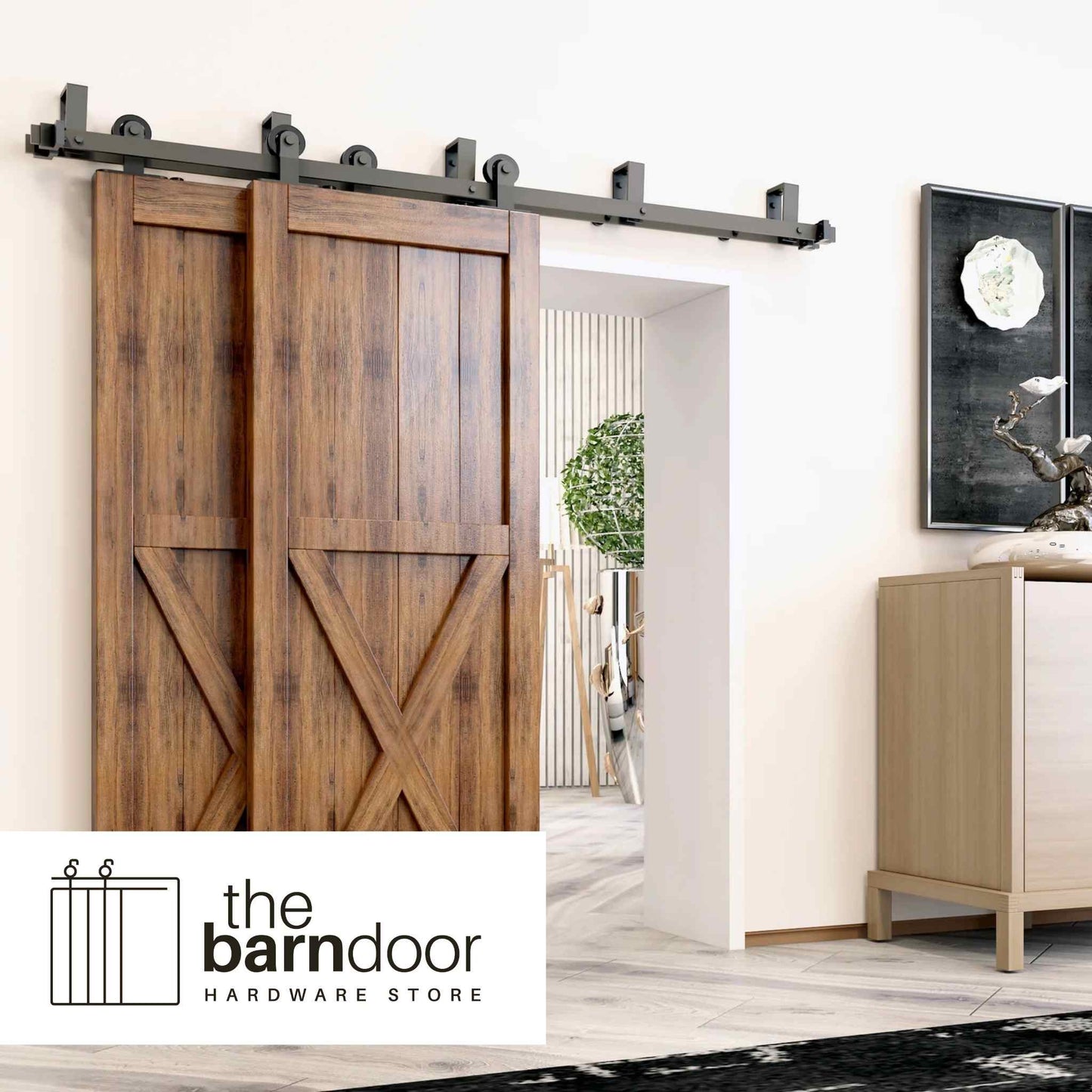 Straight Top Mount Black Double Track Bypass Barn Door Hardware Kit