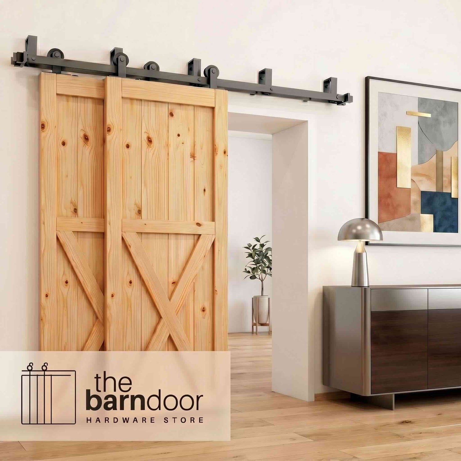 Straight Top Mount Black Double Track Bypass Barn Door Hardware Kit