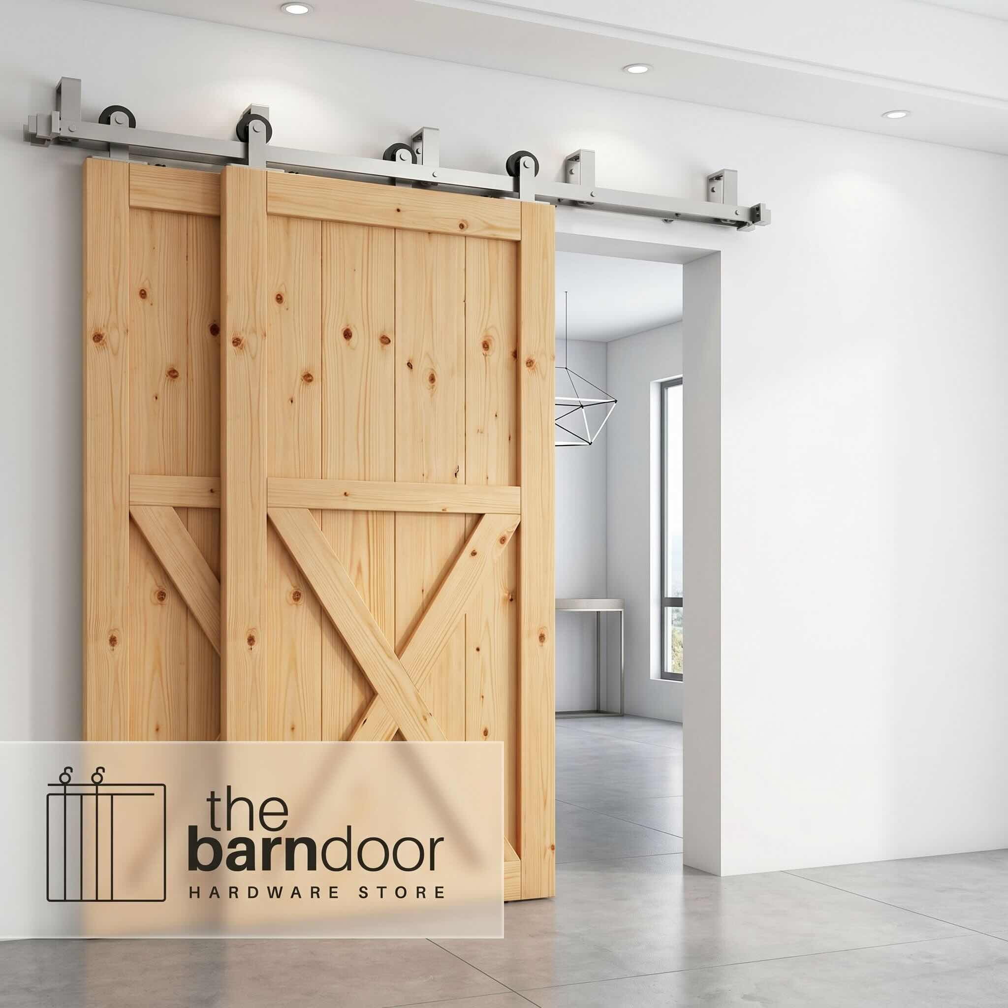 Straight Top Mount Brushed Nickel Double Track Bypass Barn Door Hardware Kit