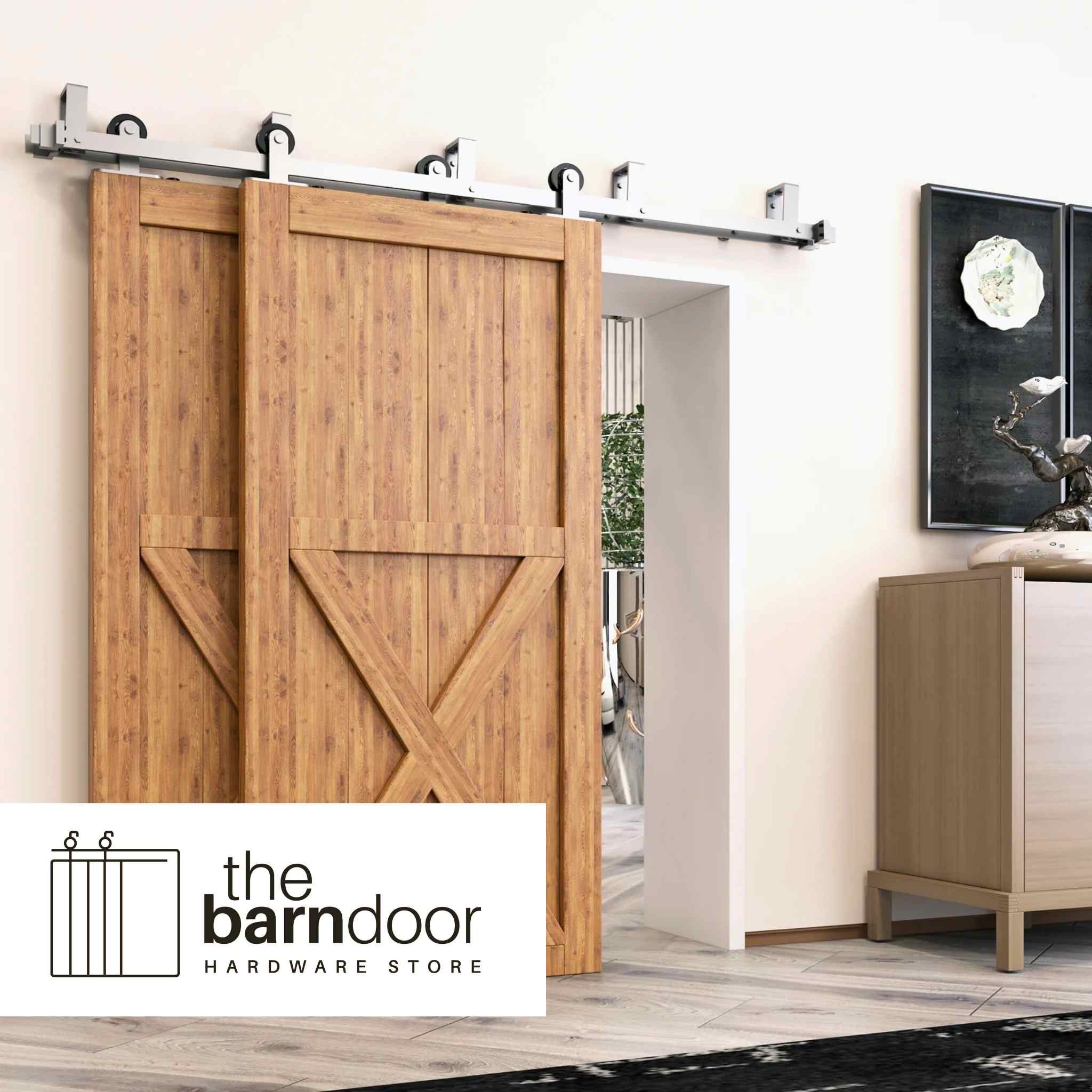 Two half X barn doors hung with double track bypass barn door hardware in brushed nickel in a living room.