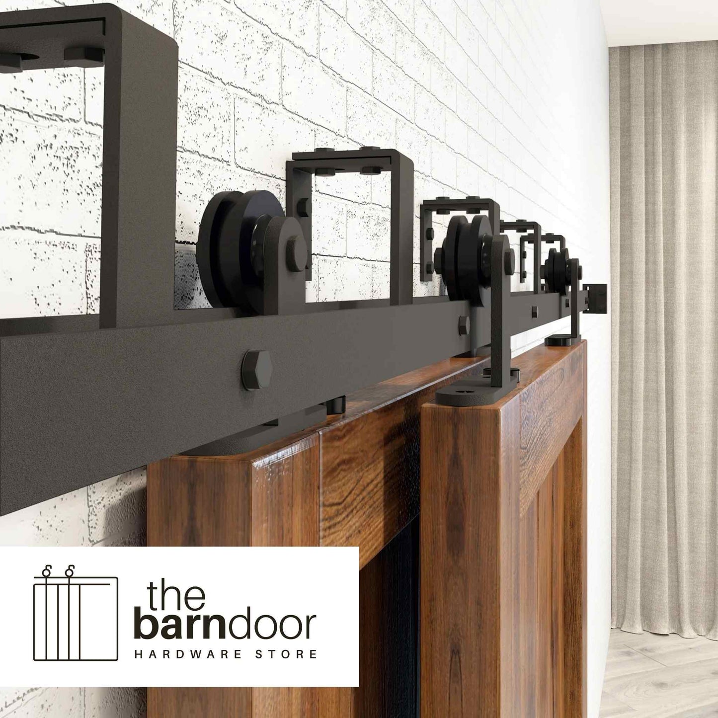 Straight Top Mount Black Double Track Bypass Barn Door Hardware Kit