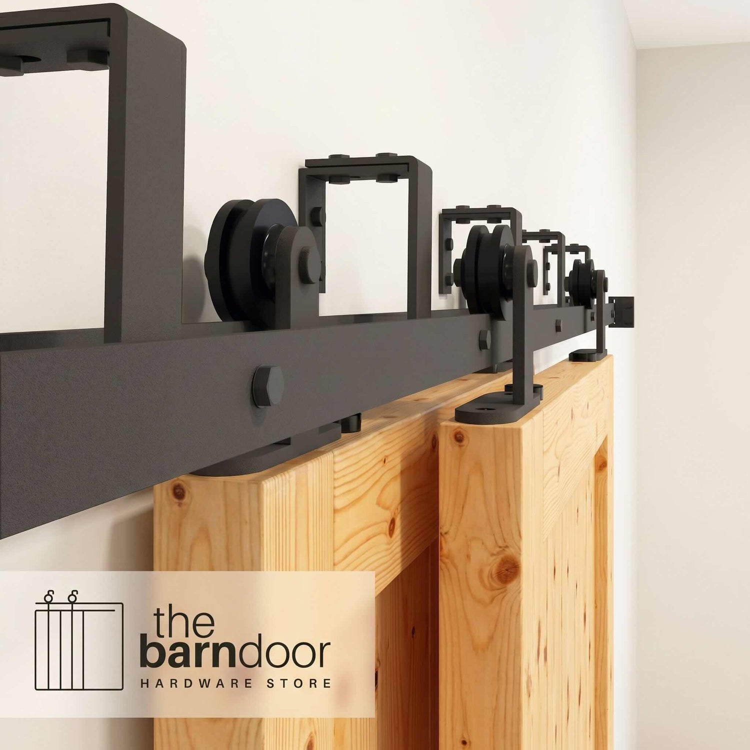 Straight Top Mount Black Double Track Bypass Barn Door Hardware Kit