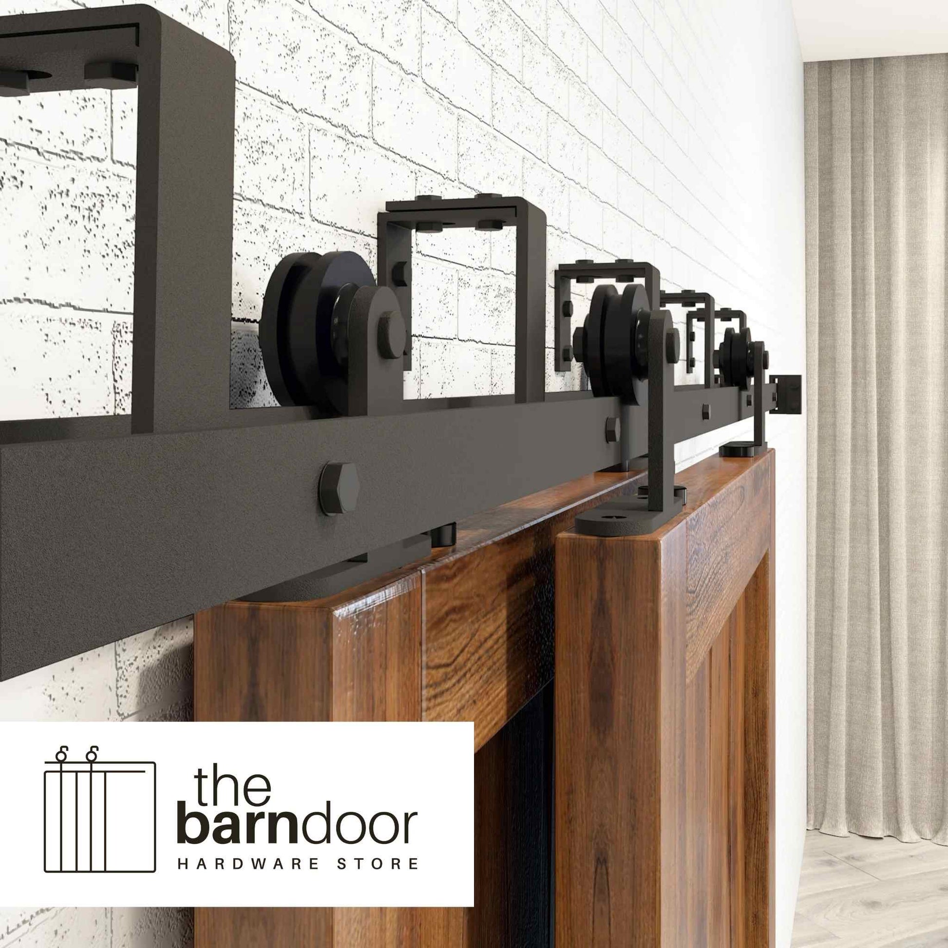 Straight Top Mount Black Double Track Bypass Barn Door Hardware Kit