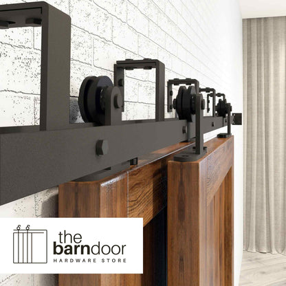Straight Top Mount Black Double Track Bypass Barn Door Hardware Kit
