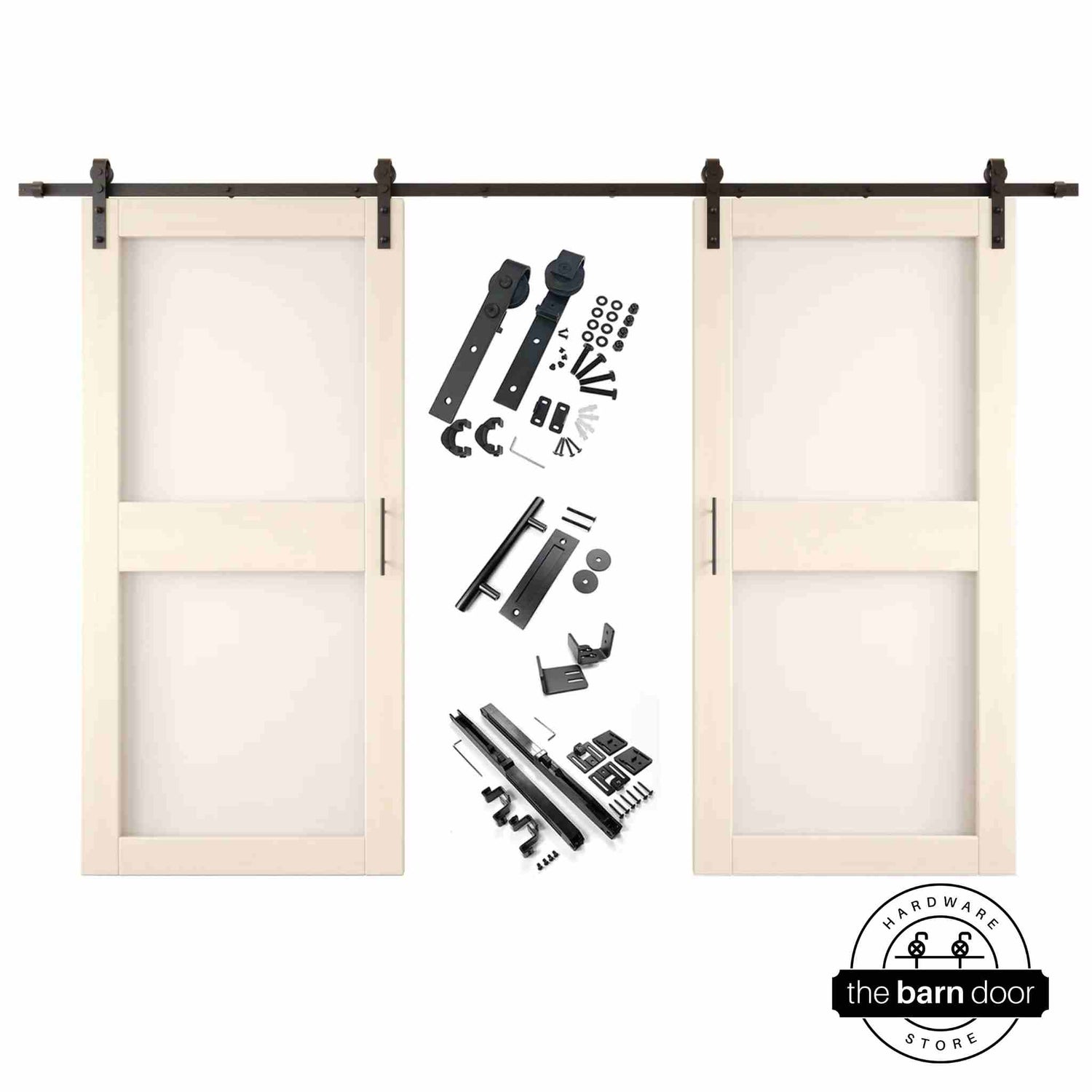 Tinsmith gray barn door hardware set with two wooden sliding glass panel doors on a white background