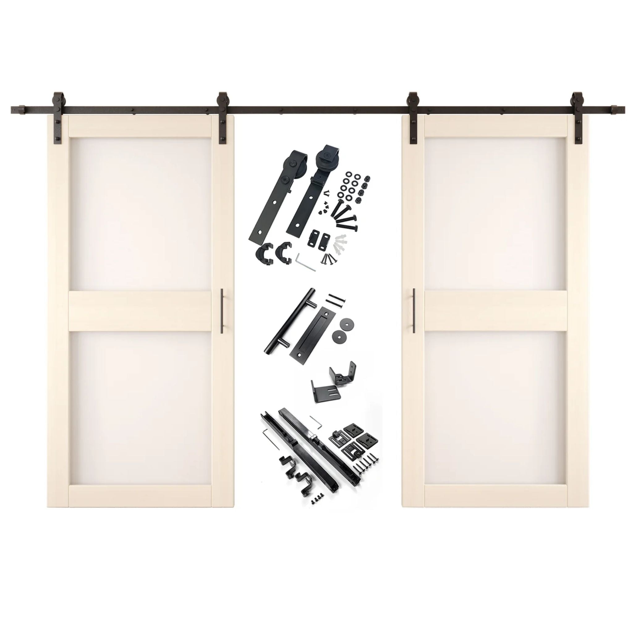 Tinsmith gray barn door hardware set with two wooden sliding glass panel doors on a white background