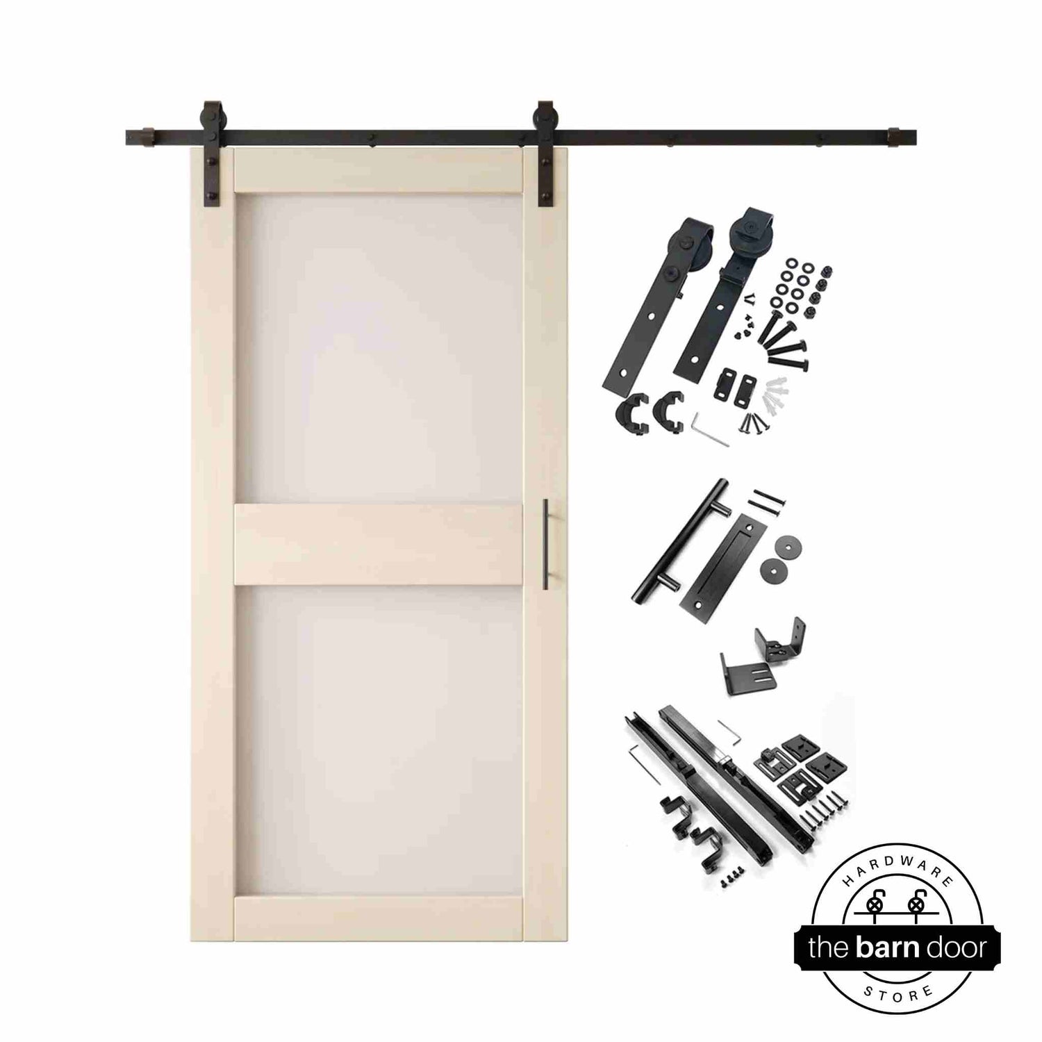 Tinsmith gray 2-panel barn door kit with wooden door and hardware components on a white background