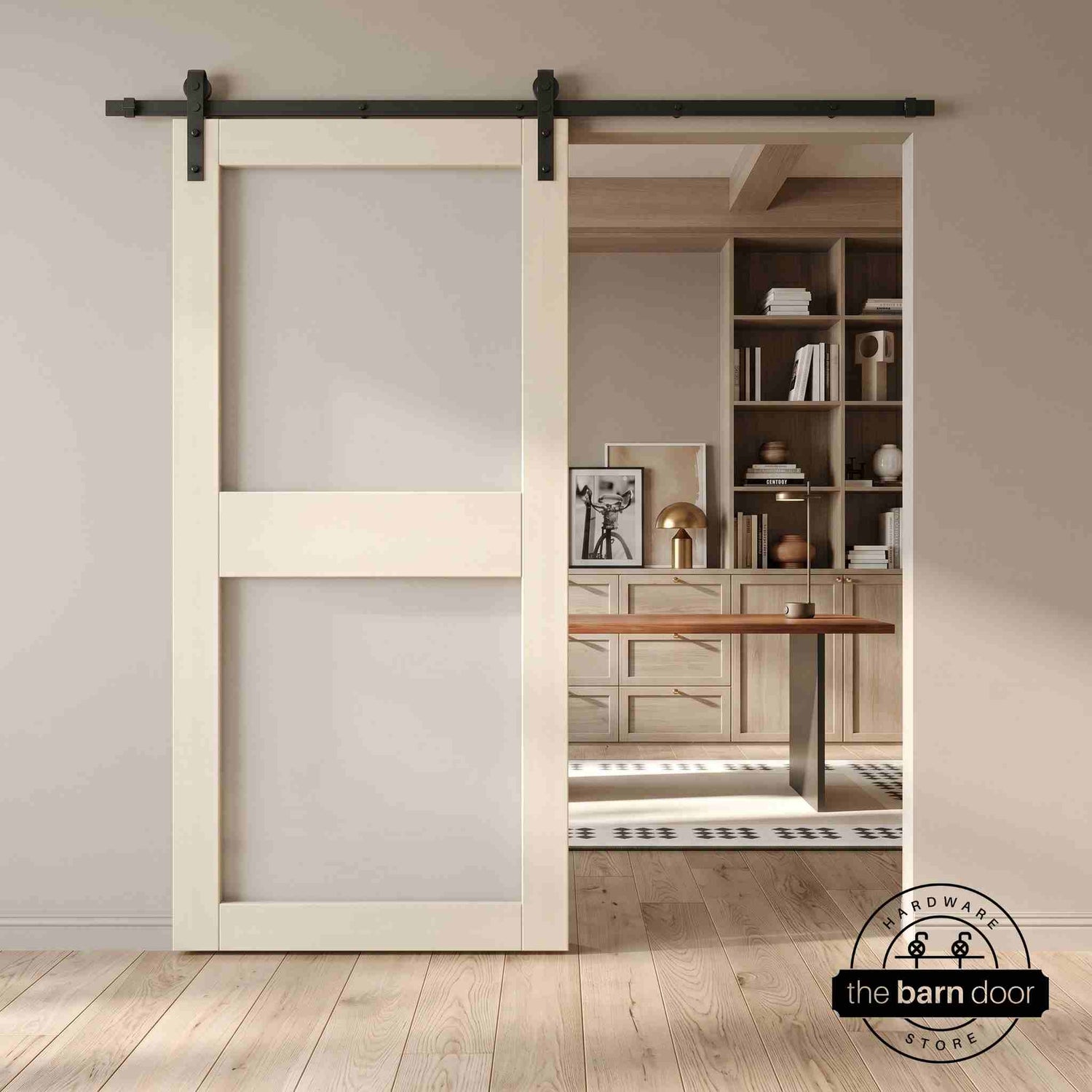 Barn door with glass in a modern interior setting with a desk and shelves.