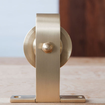 Top Mount Brass Barn Door Hardware Close Up