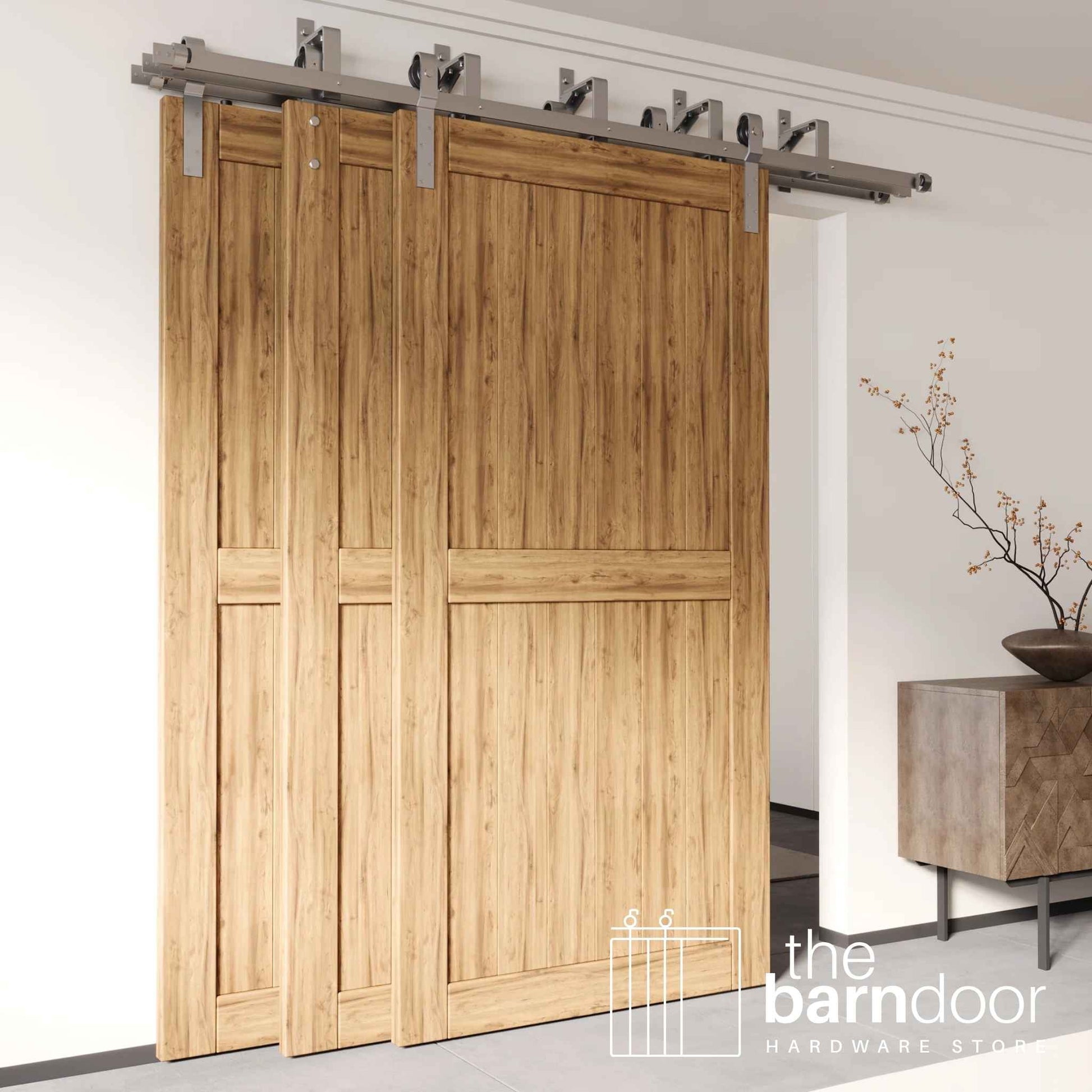 Triple Track Bypass Barn Door Hardware Brushed Nickel