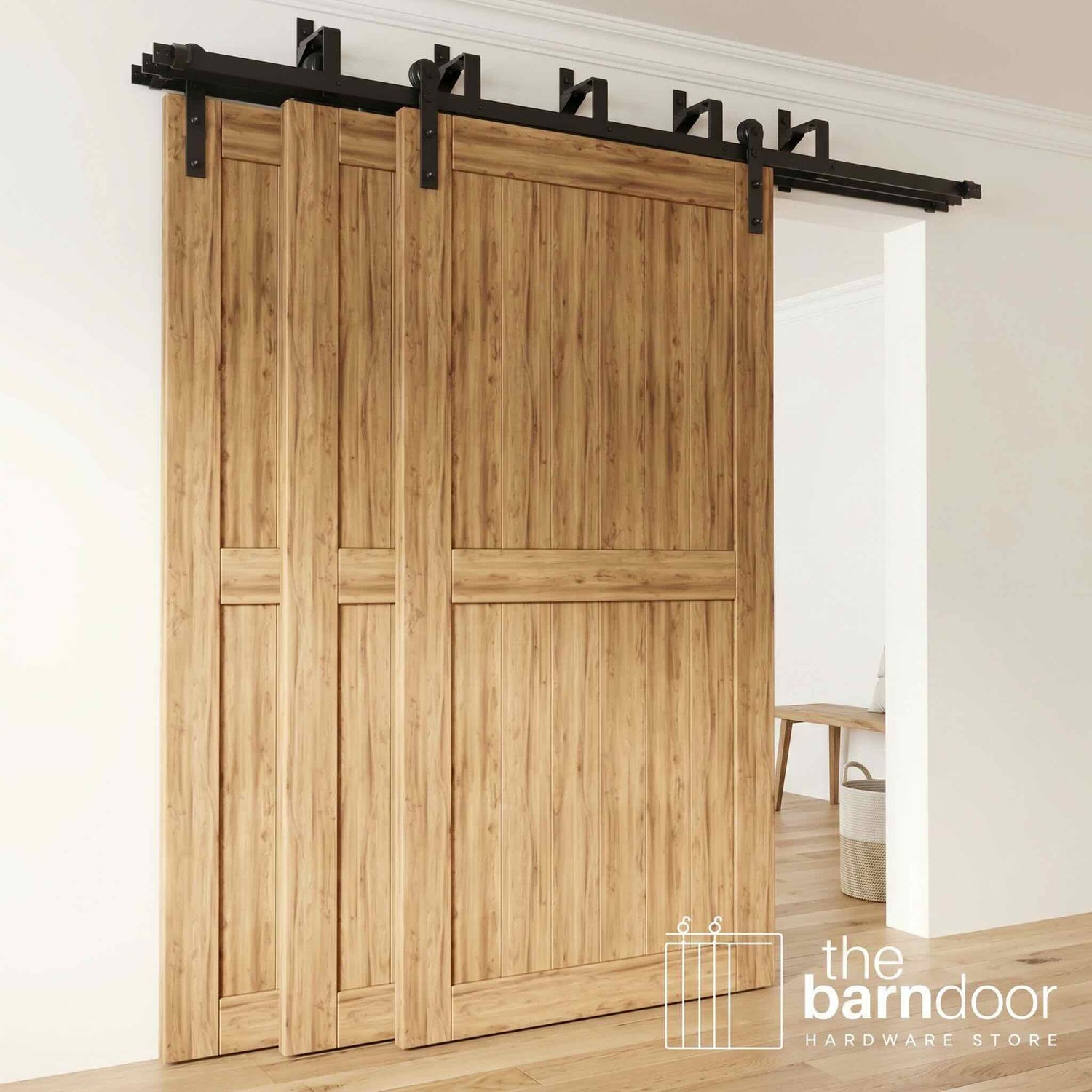Straight Strap Triple Track Bypass Barn Door Hardware Kit in matte black, showing three barn doors on a multi-track system.
