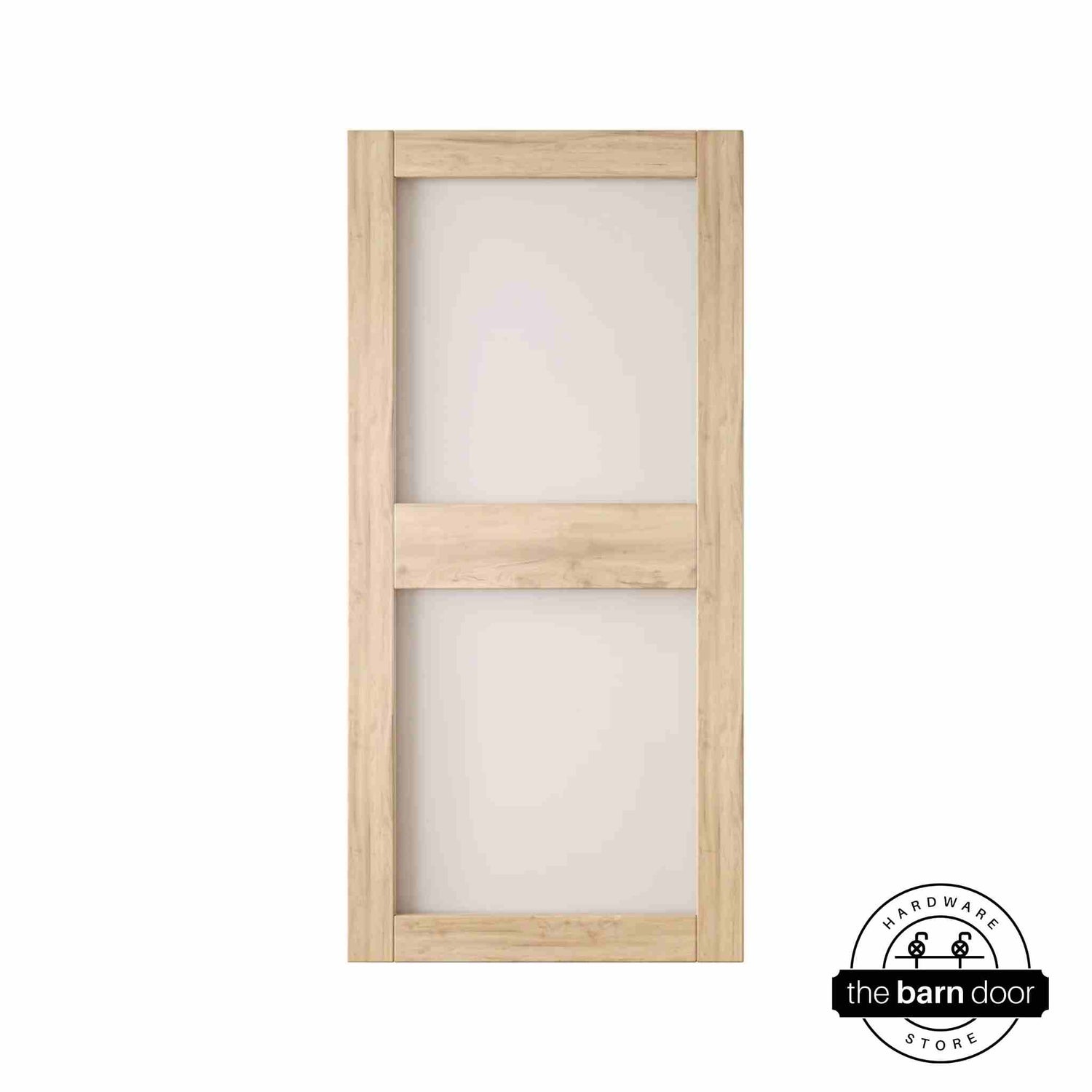 Wooden barn door with glass panels on a white background