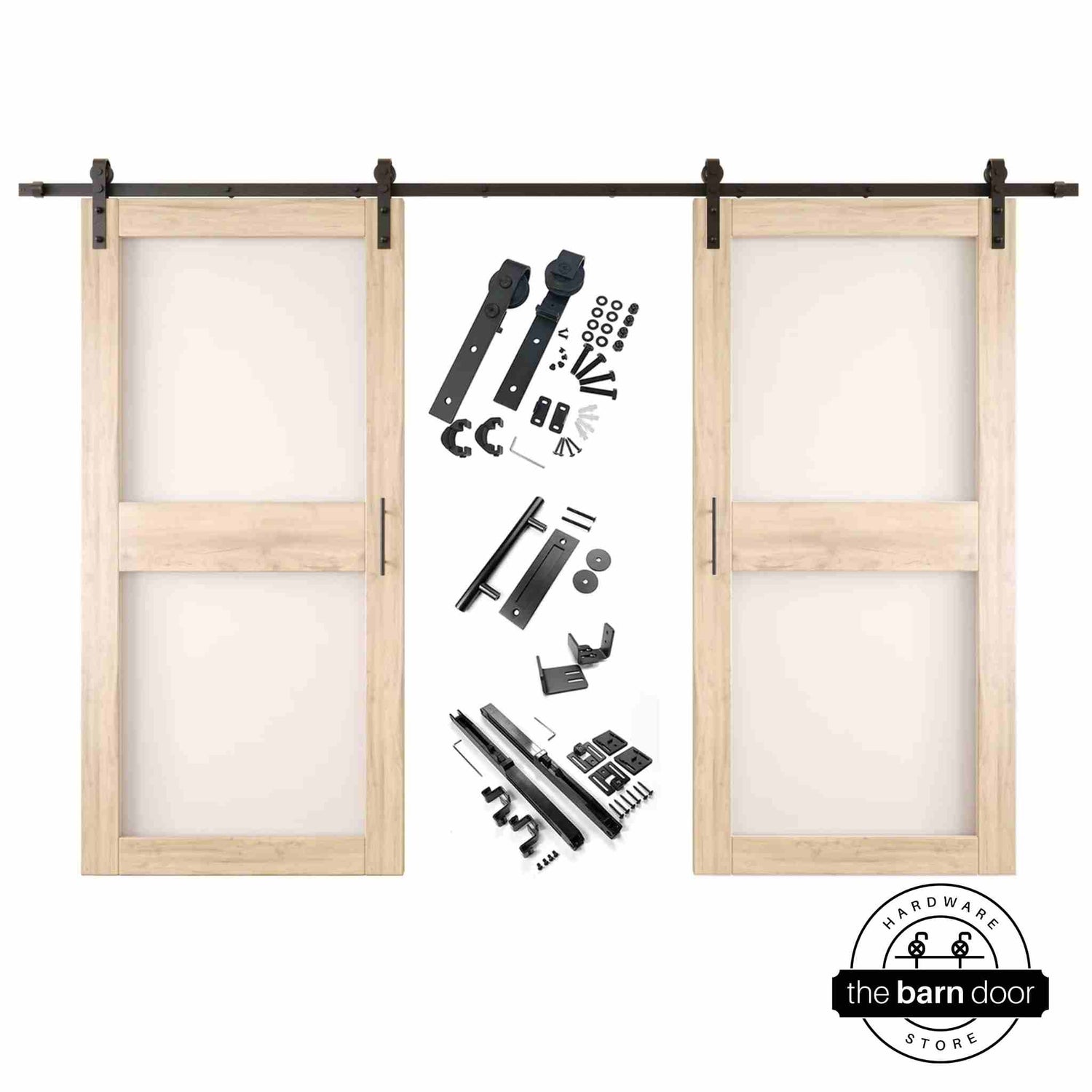 Unfinished barn door hardware set with two wooden sliding glass panel doors on a white background