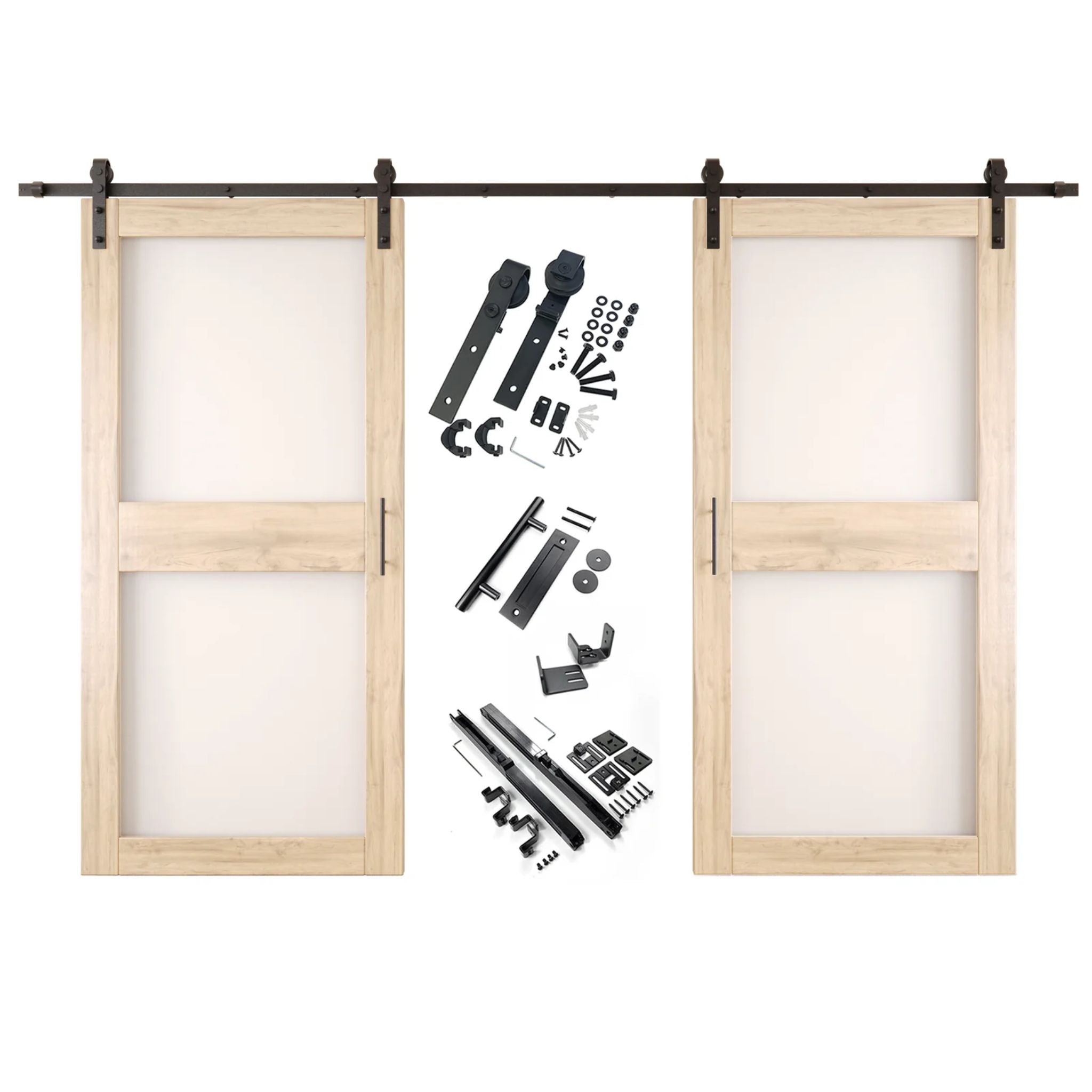 Unfinished barn door hardware set with two wooden sliding glass panel doors on a white background