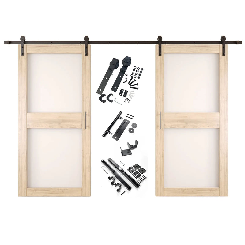 Unfinished barn door hardware set with two wooden sliding glass panel doors on a white background