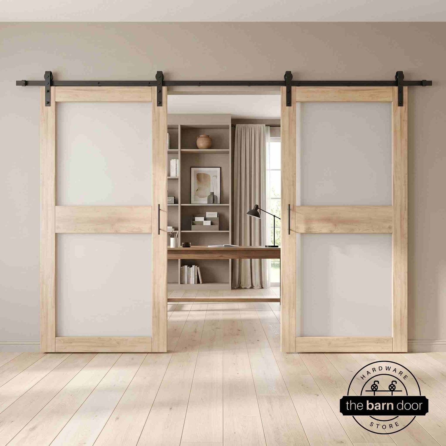 Unfinished wooden sliding glass panel barn doors with black hardware in a modern interior setting.