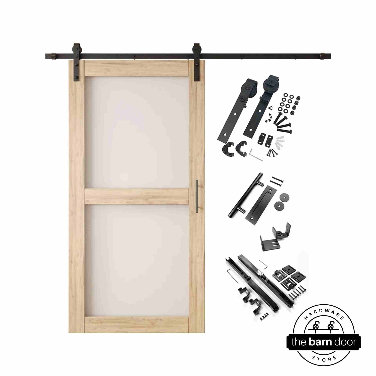 Unfinished 2-panel barn door kit with wooden door and hardware components on a white background