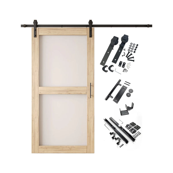 Unfinished 2-panel barn door kit with wooden door and hardware components on a white background