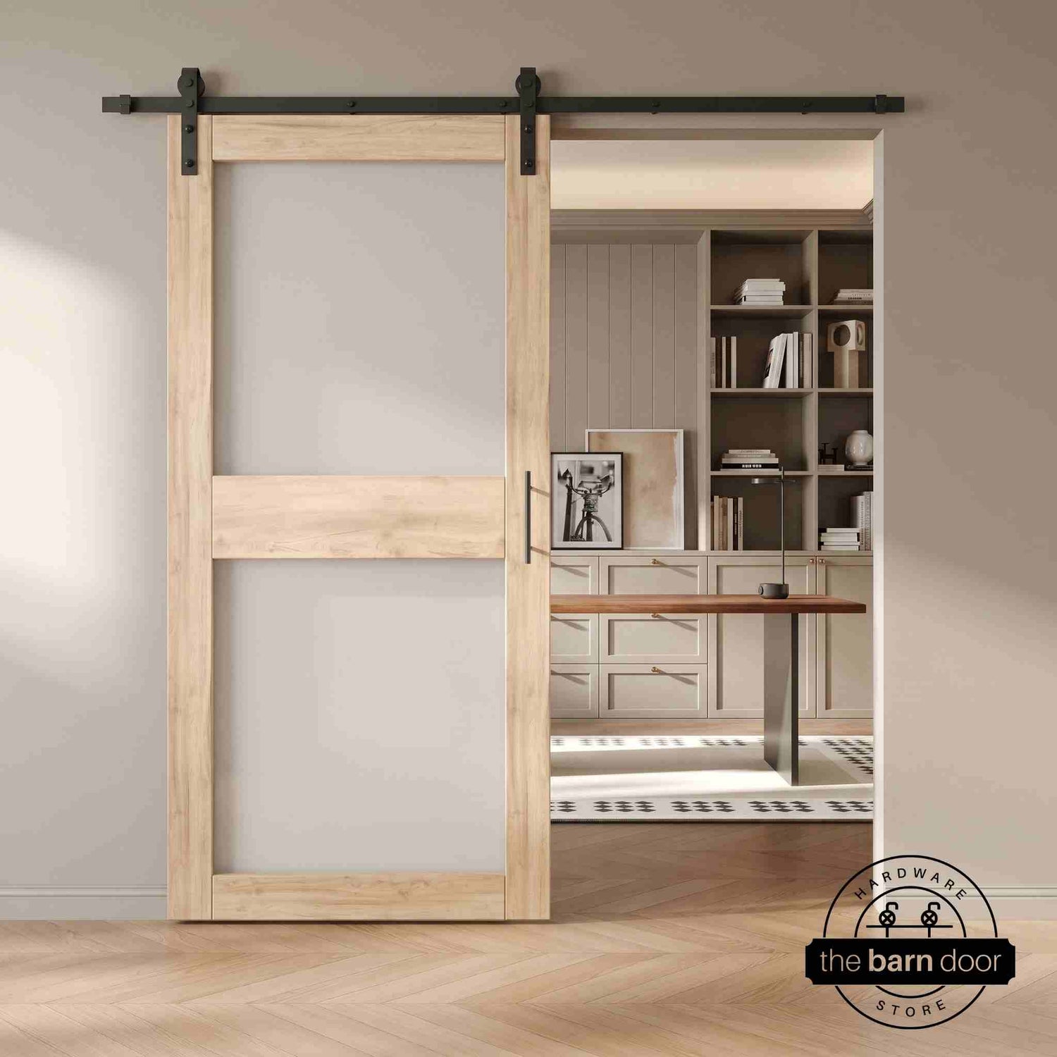Wooden sliding glass barn door in a modern interior setting with a desk and shelves.