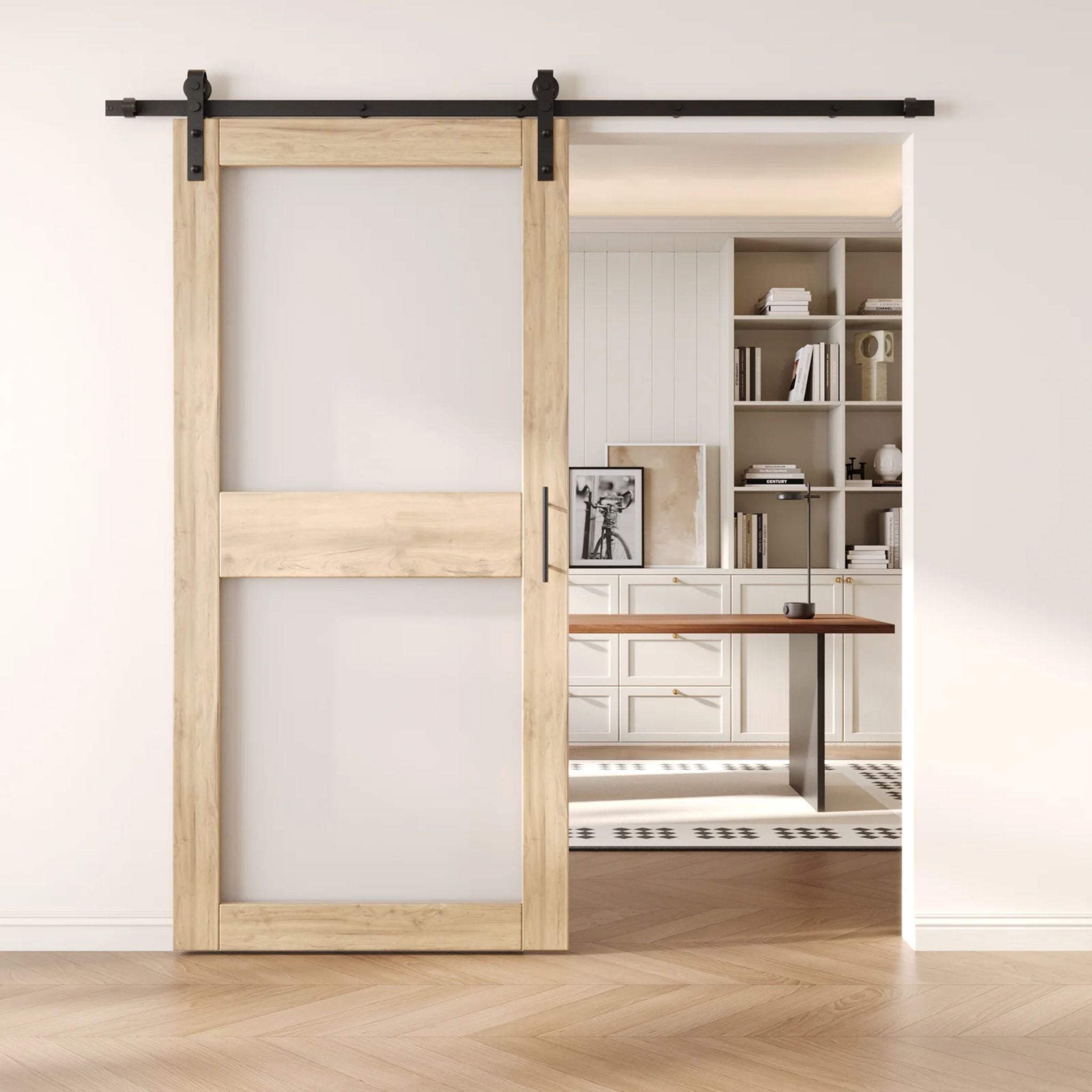 Wooden sliding glass barn door in a modern interior setting with a desk and shelves.