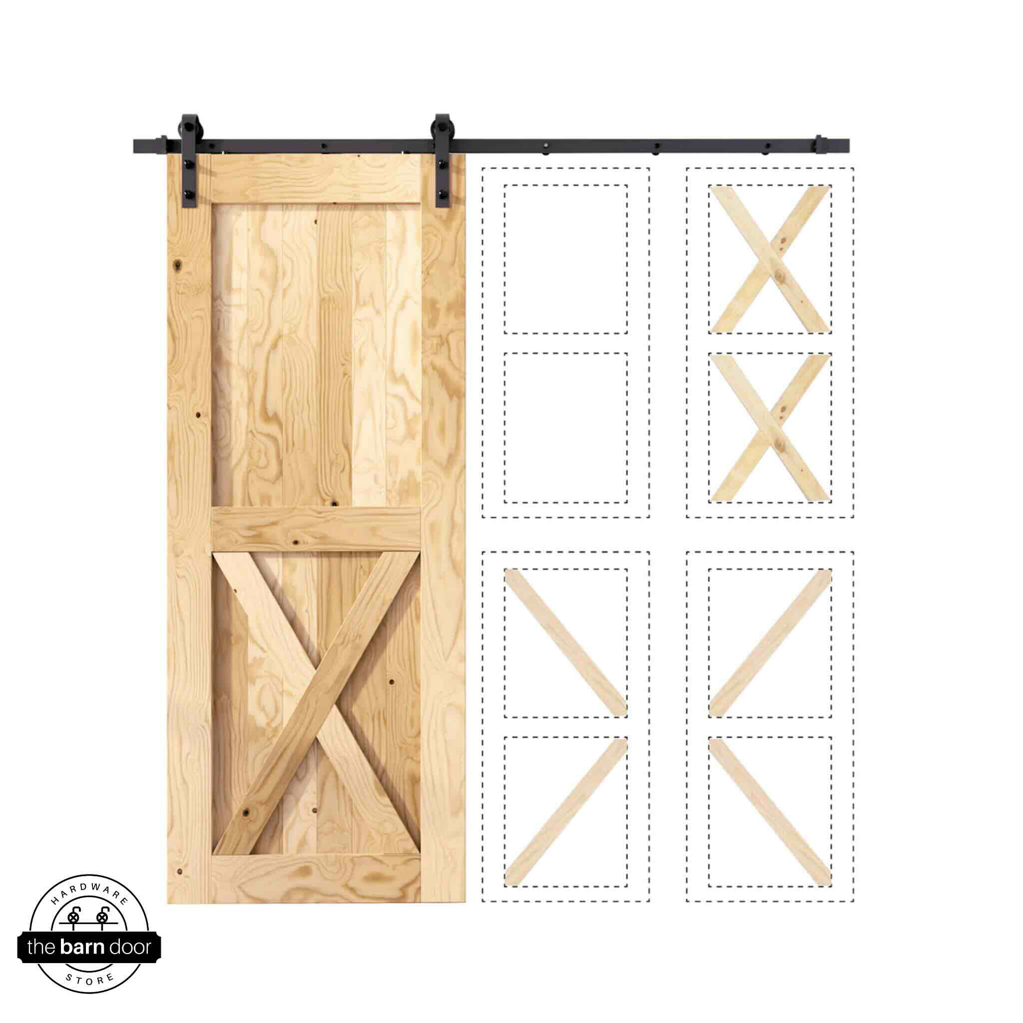 Classic single track barn door kit contents showing a natural unfinished pine K-brace barn door with black steel sliding hardware.