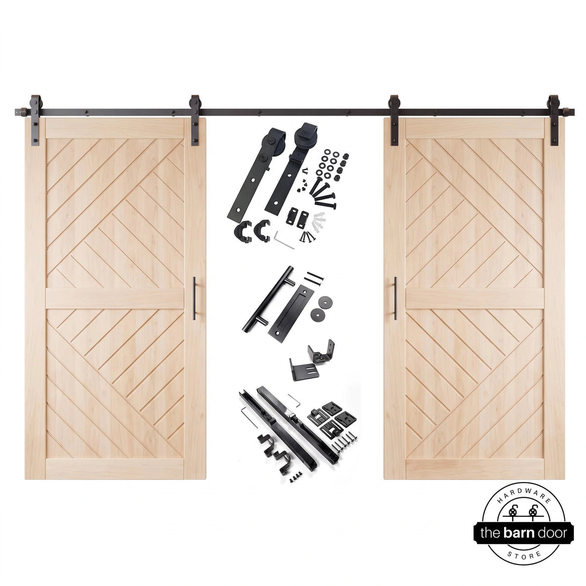 Unfinished chevron double barn doors with raw natural wood finish, matte black track, hangers, and hardware kit components on a white background