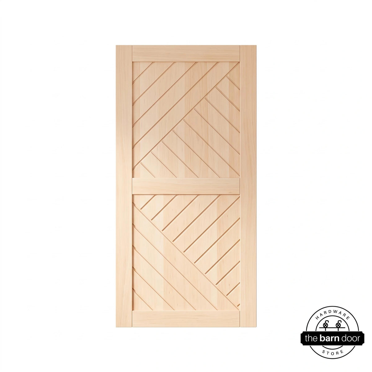 Unfinished chevron barn door with raw natural wood finish and diagonal panel grooves on a white background