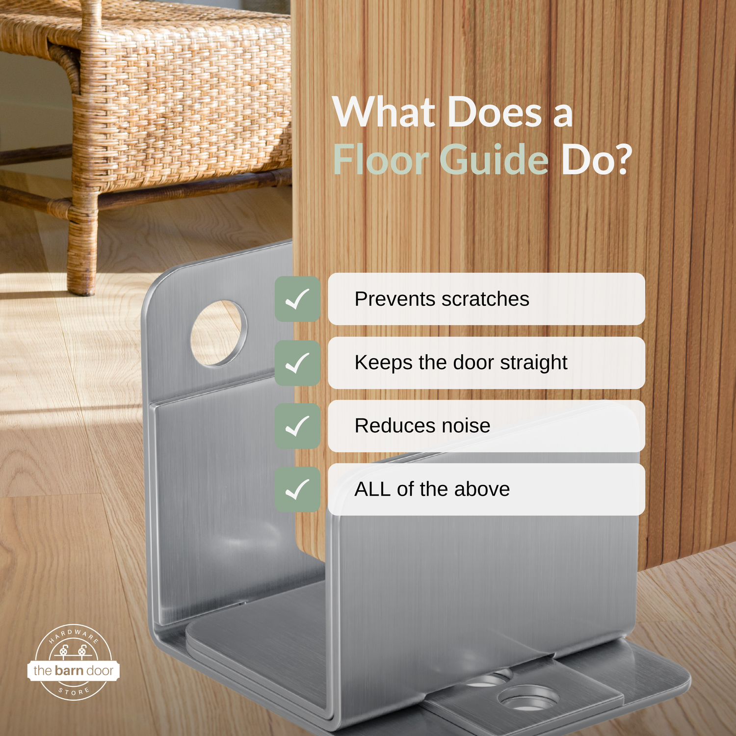 Image asking "What Does a Floor Guide Do?" with a metal barn door floor guide next to a wood door. Options checked are "Prevents scratches," "Keeps the door straight," "Reduces noise," and "ALL of the above."