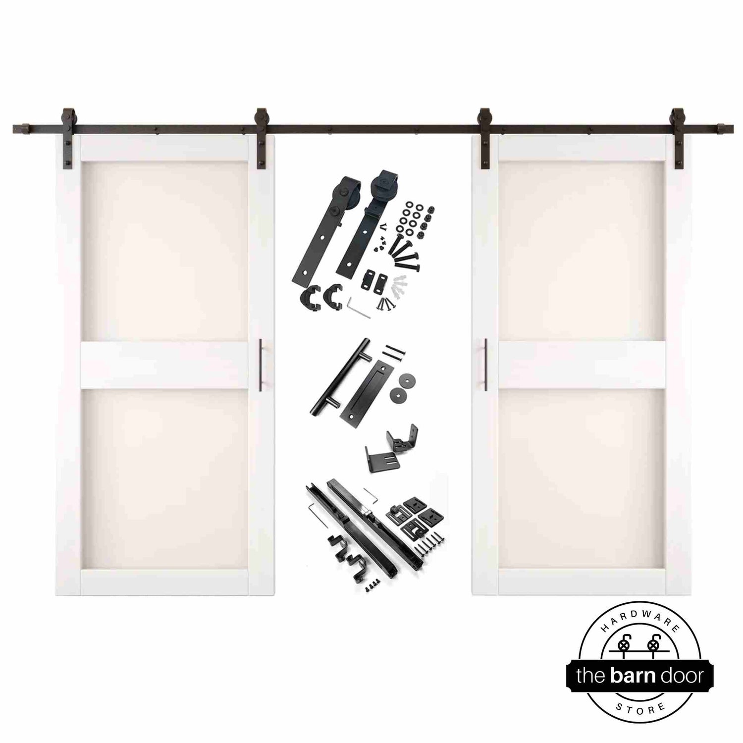 White barn door hardware set with two wooden sliding glass panel doors on a white background