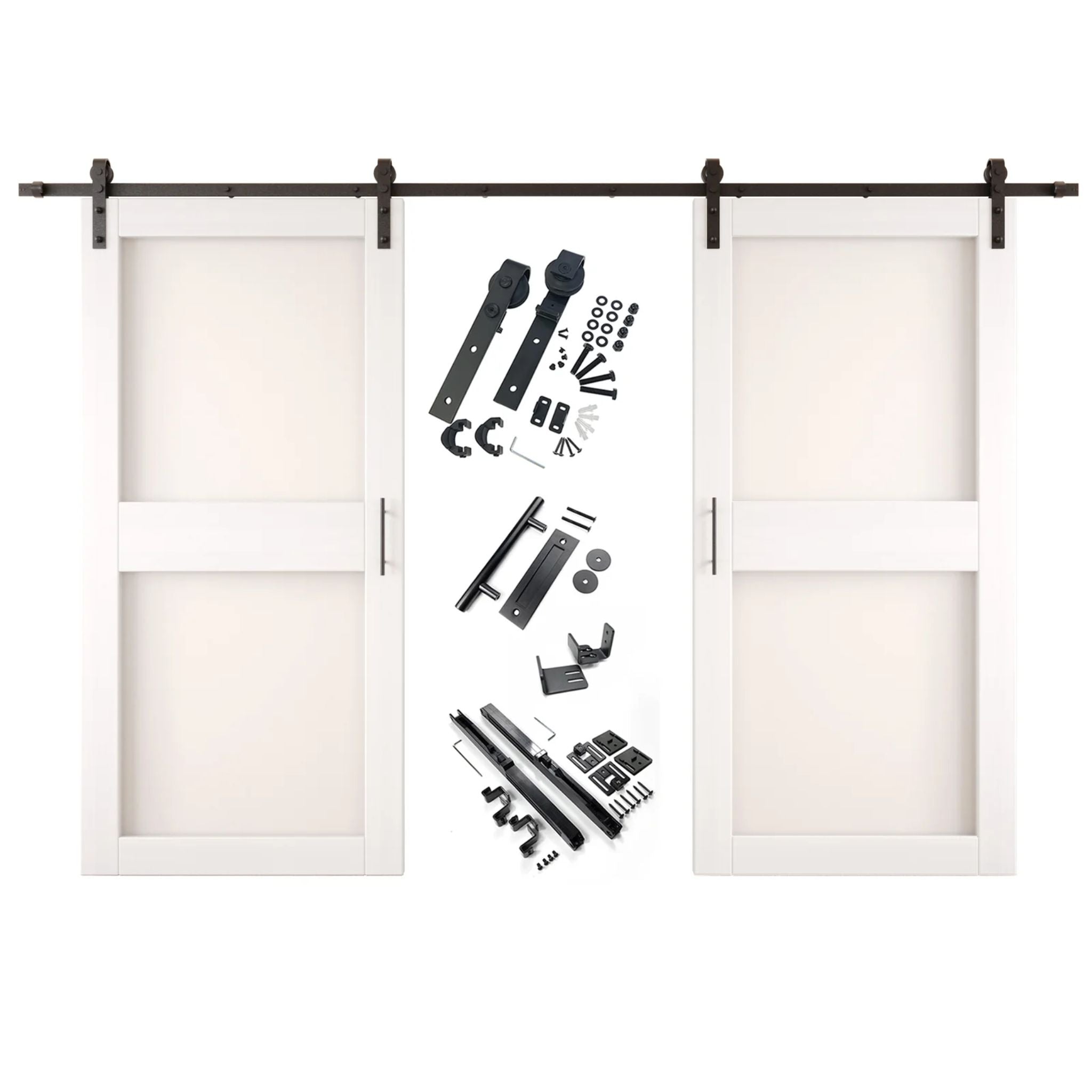 White barn door hardware set with two wooden sliding glass panel doors on a white background