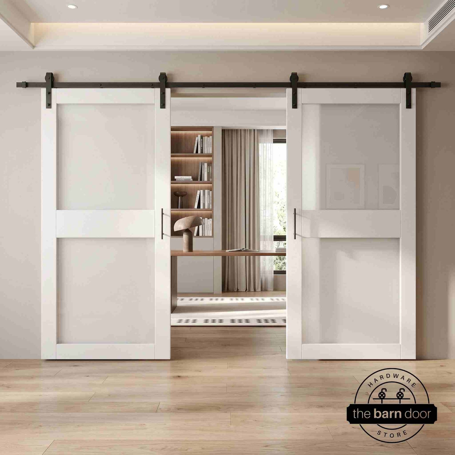 White wooden sliding glass panel barn doors with black hardware in a modern interior setting.
