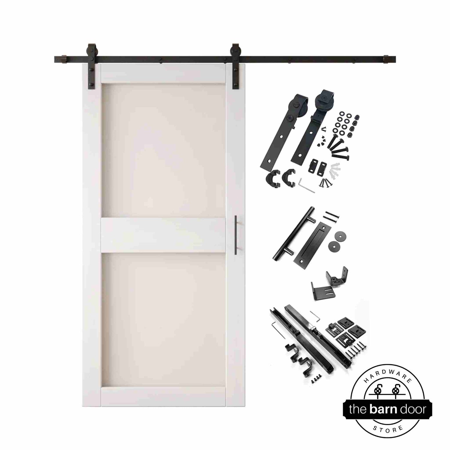 White 2-panel barn door kit with wooden door and hardware components on a white background