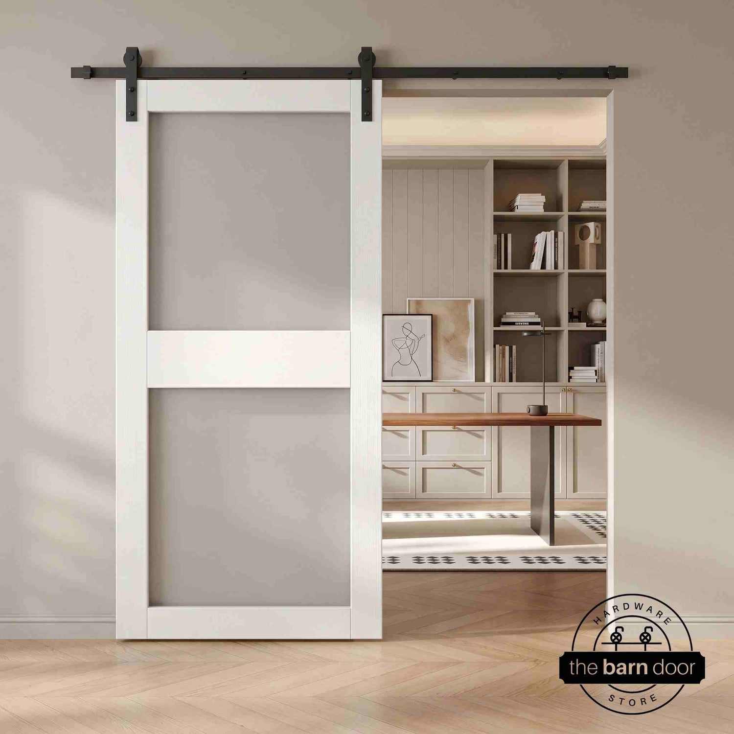 White sliding barn door with glass in a modern interior setting with a desk and shelves.