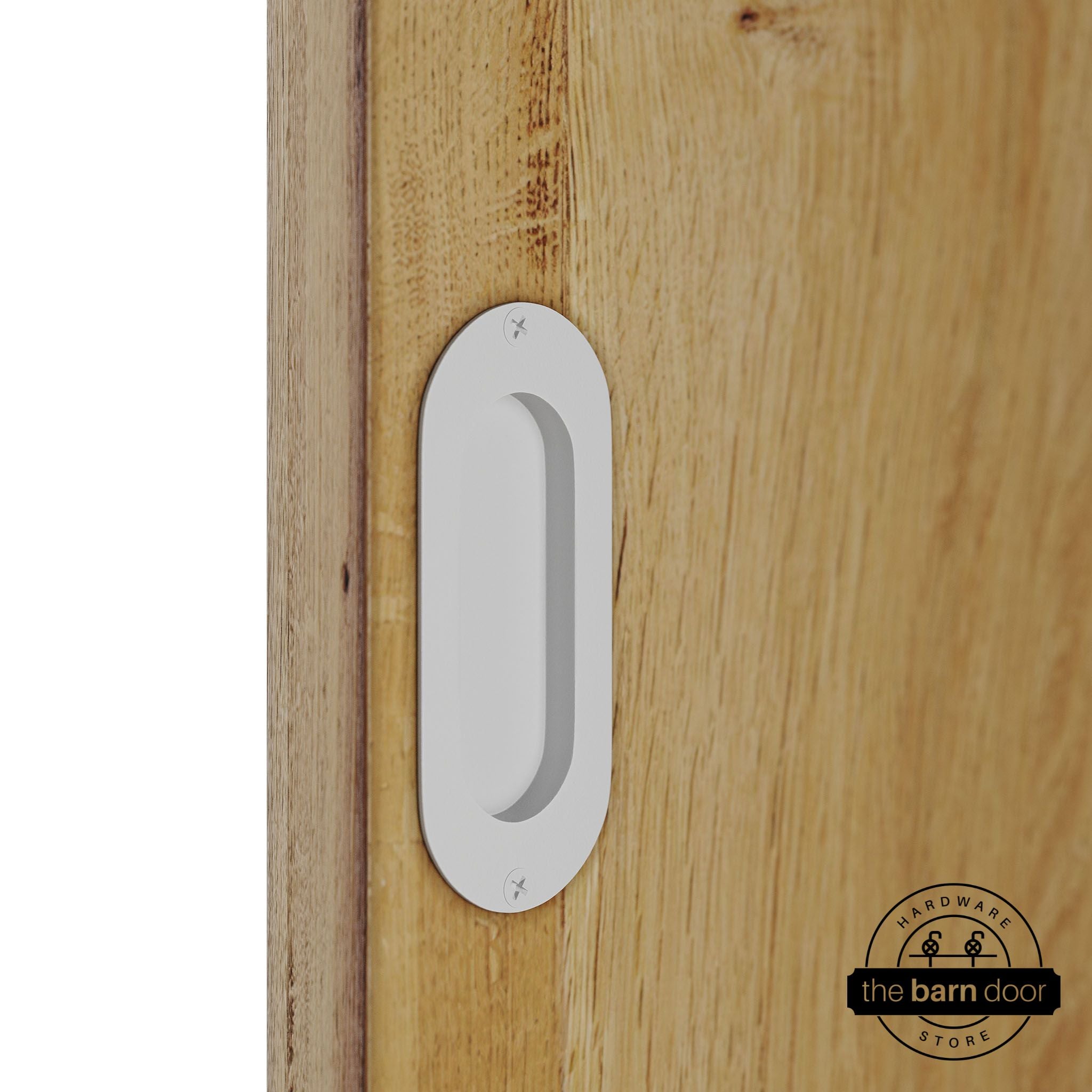 Wooden door with a white flush pull handle.