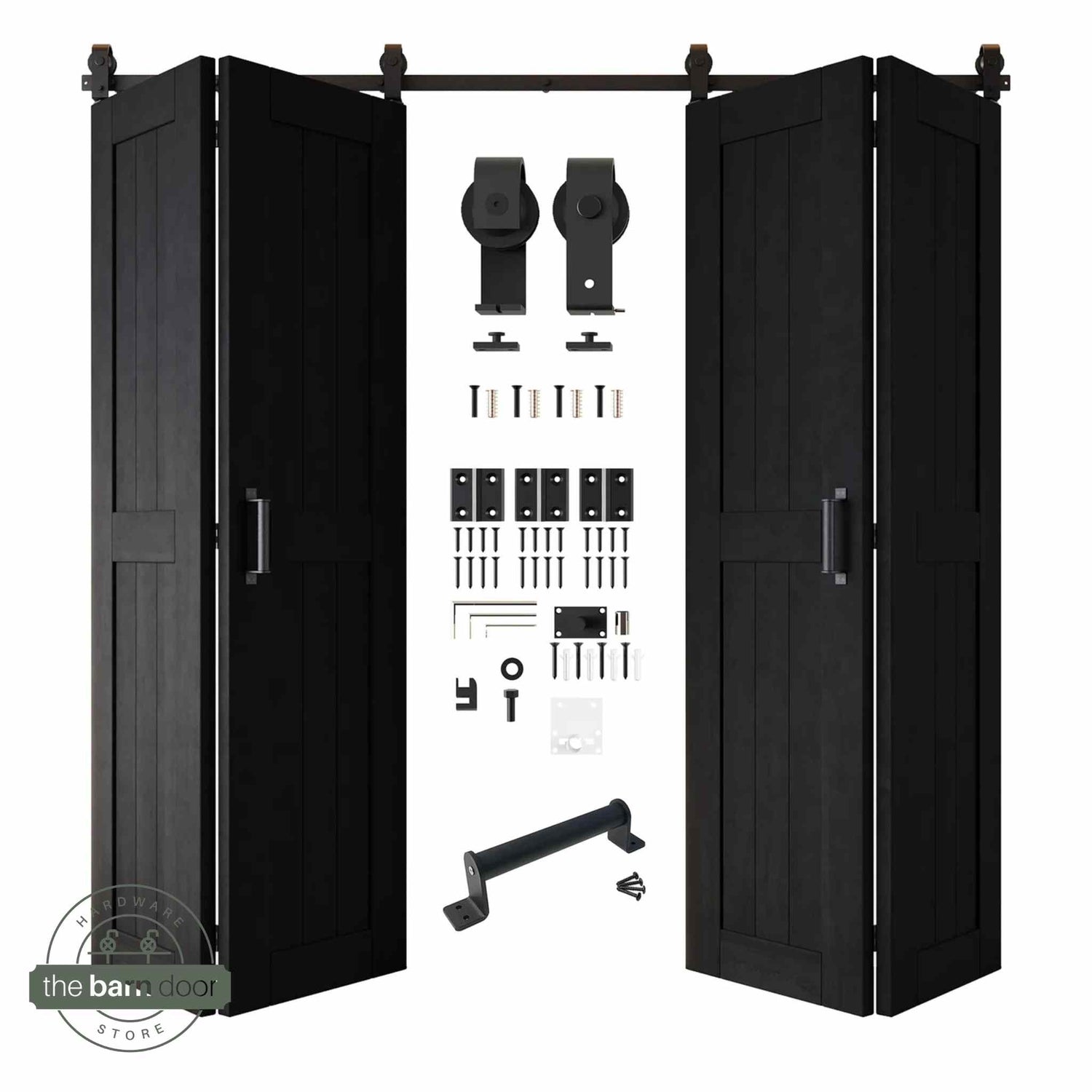 Full kit contents: Four open and partially folded Black bifold door panels shown with all accompanying Matte Black top-mount hardware components.