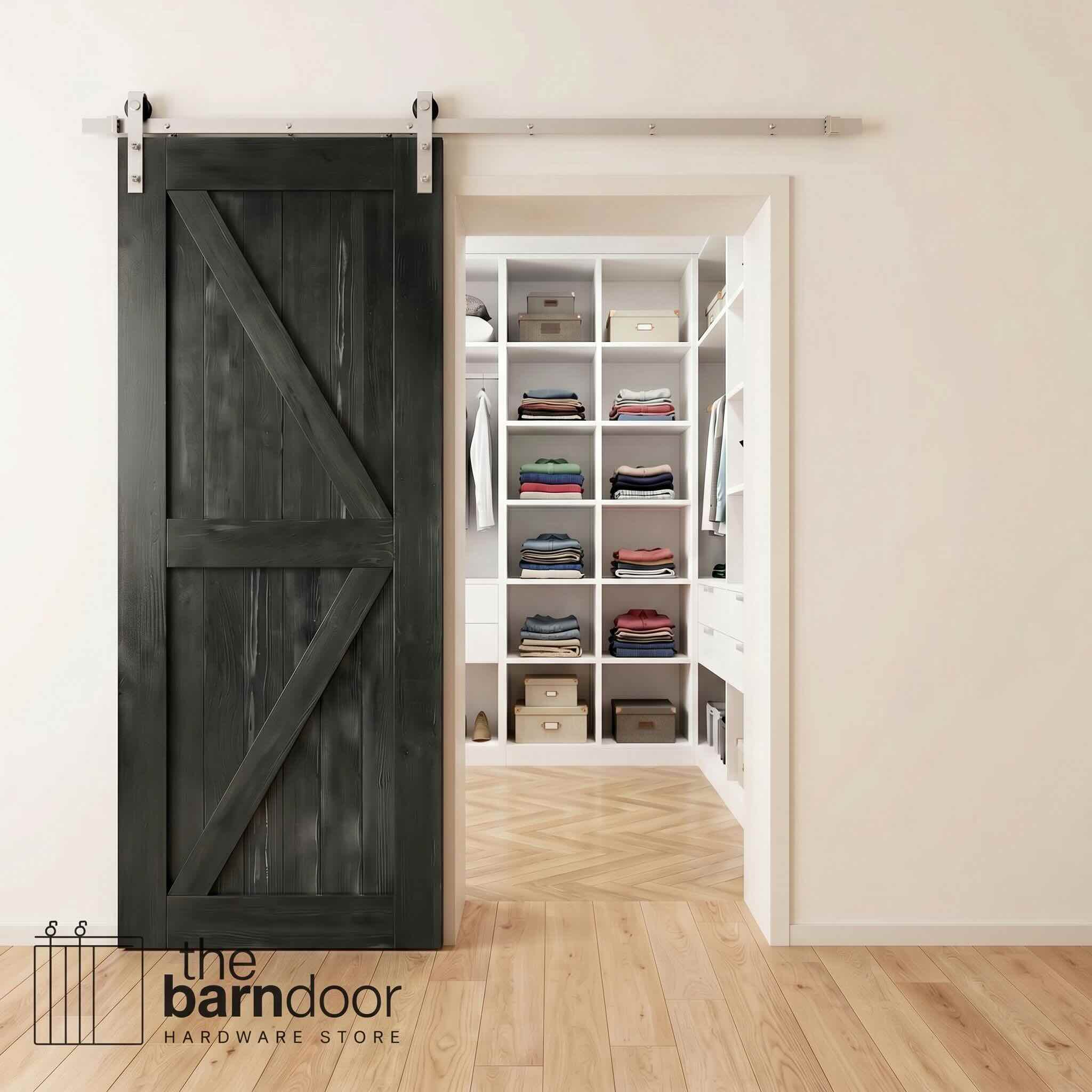 Brushed nickel barn door hardware kit on a black K-brace barn door, modern farmhouse style.