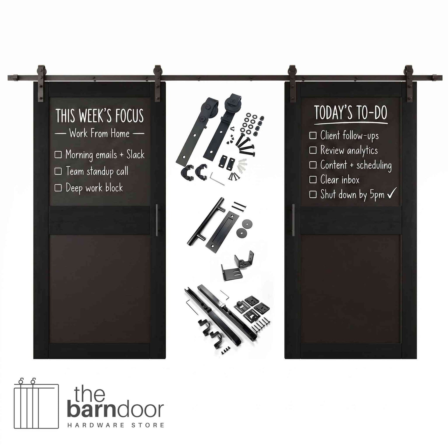 Black barn door set with black chalkboard panels and hardware components on a white background