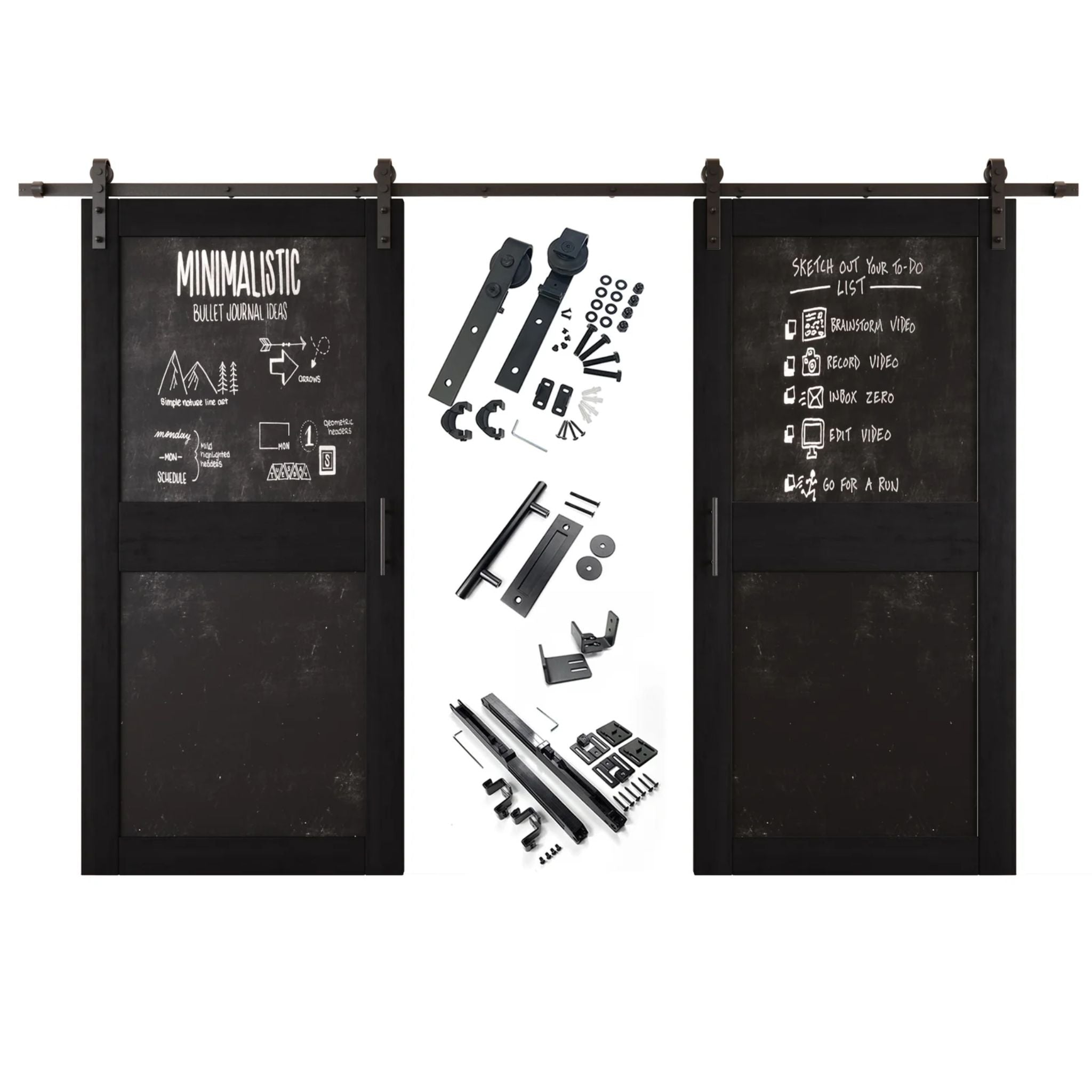 Black barn door set with black chalkboard panels and hardware components on a white background