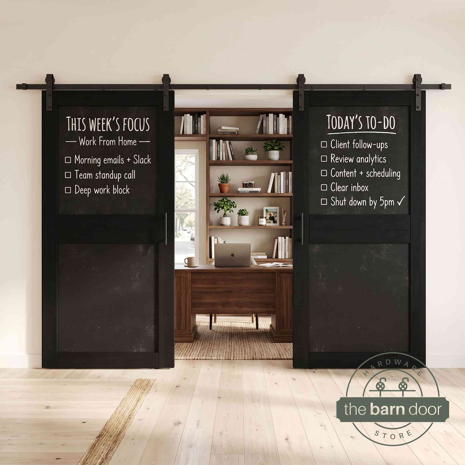 Black barn doors with black chalkboard surfaces in a modern interior setting